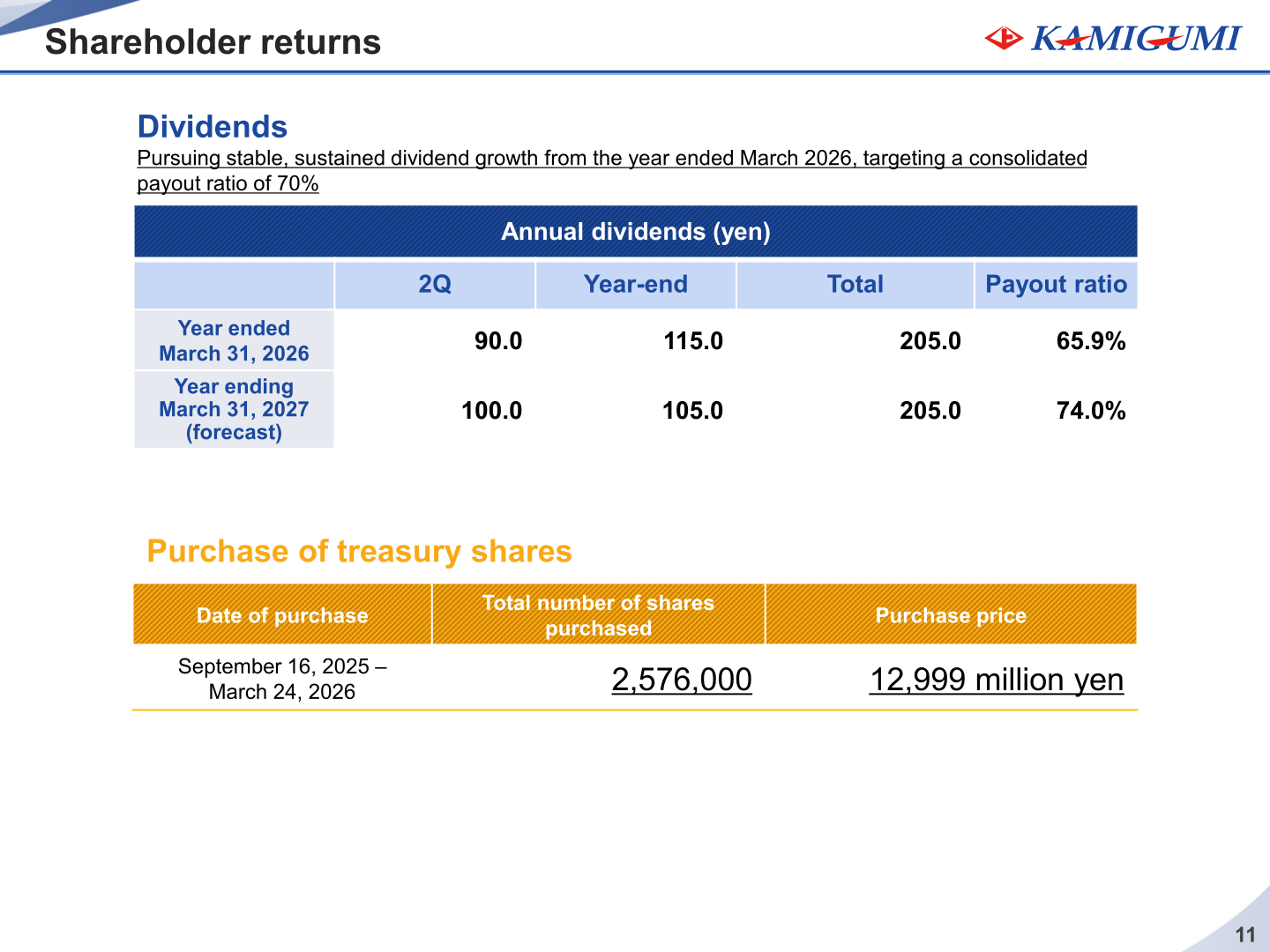 Shareholder returns: annual dividends and purchase of treasury shares