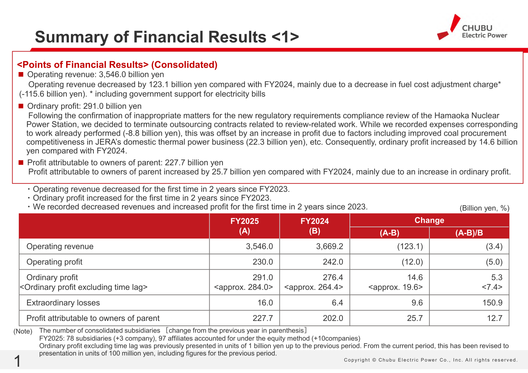Summary of consolidated financial results for FY2025, including operating revenue, ordinary profit, and profit attributable to owners of parent