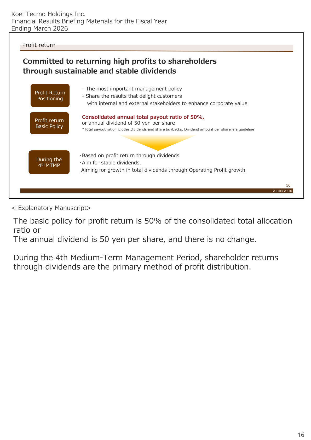 Profit return policy slide stating a consolidated annual total payout ratio of 50% or an annual dividend of 50 yen per share