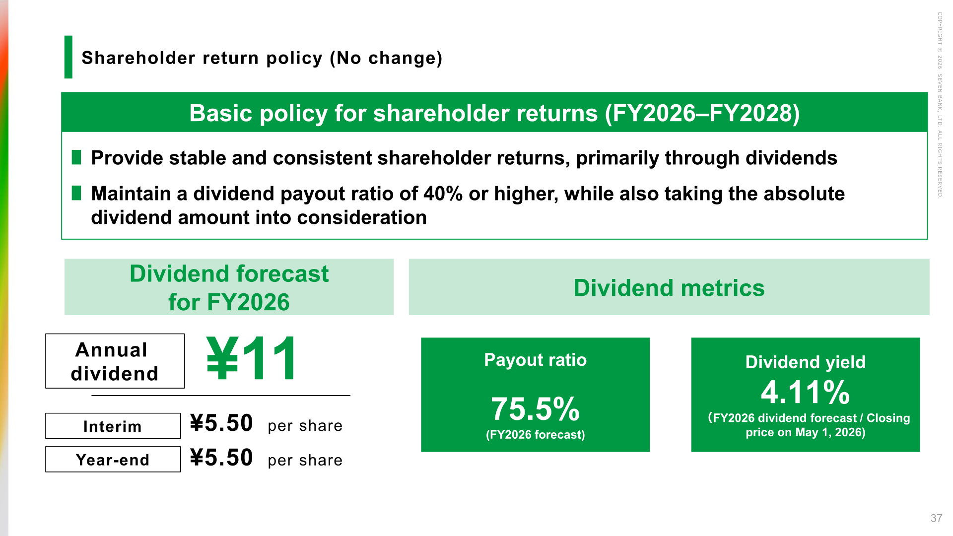 Slide showing Seven Bank shareholder return policy for FY2026 to FY2028 and the FY2026 dividend forecast