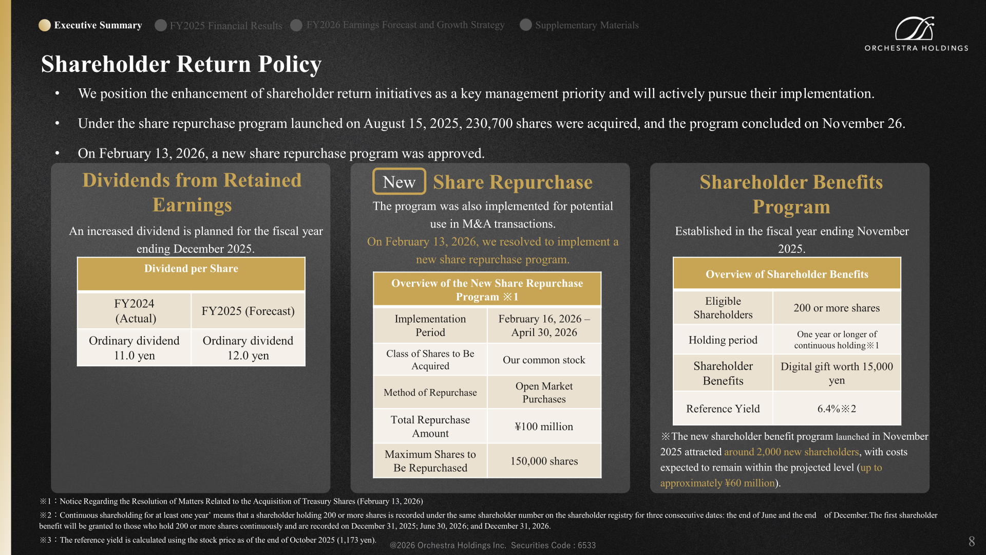 Shareholder return policy slide covering dividends, the new share repurchase program, and the shareholder benefits program