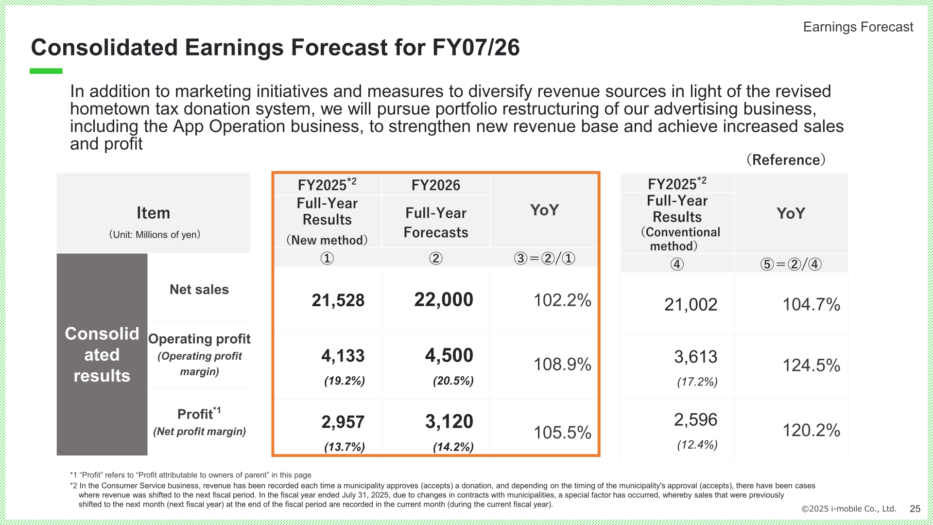 Consolidated earnings forecast table for FY07/26 with new-method and conventional-method comparisons