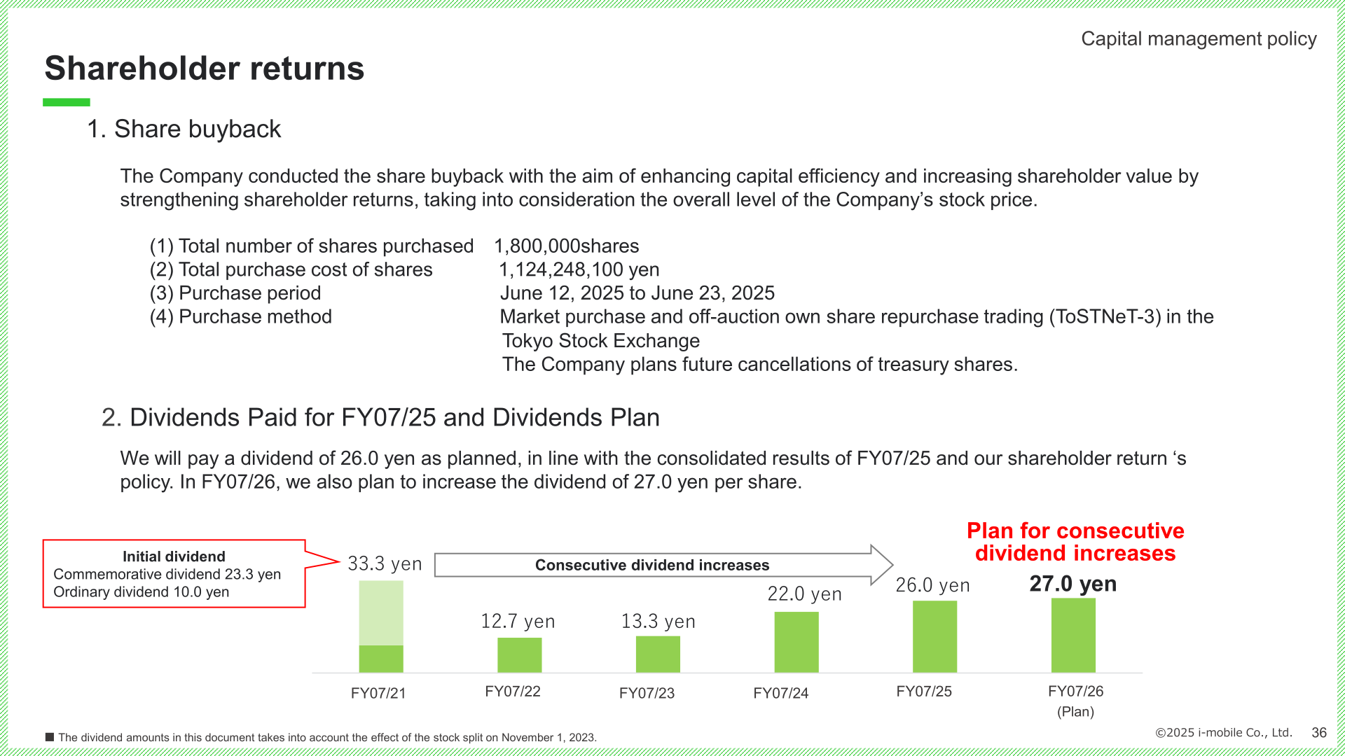 Share buyback details and dividend history showing consecutive dividend increases through the FY07/26 plan