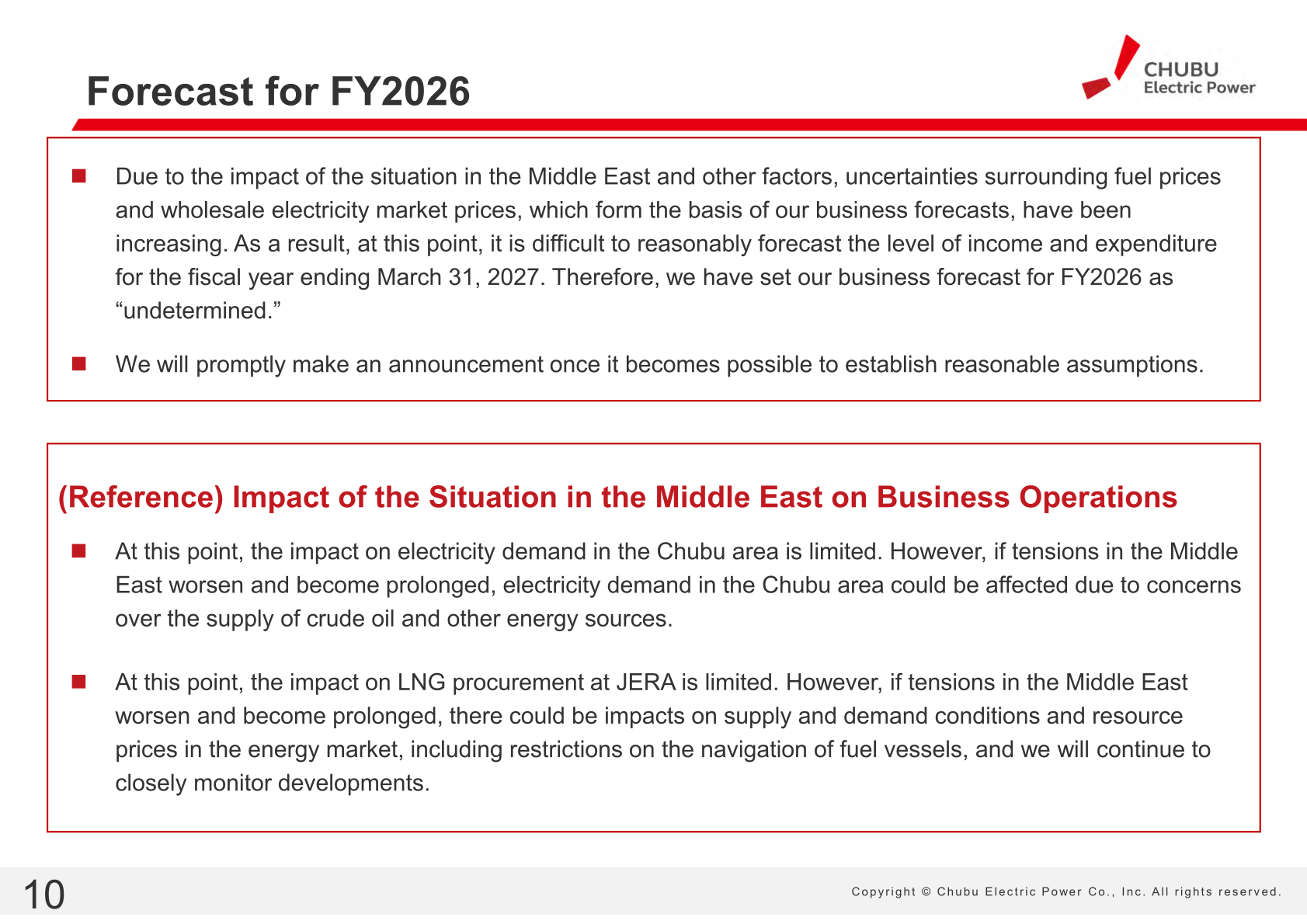 Slide stating that the FY2026 business forecast is undetermined due to uncertainties surrounding fuel prices and wholesale electricity market prices