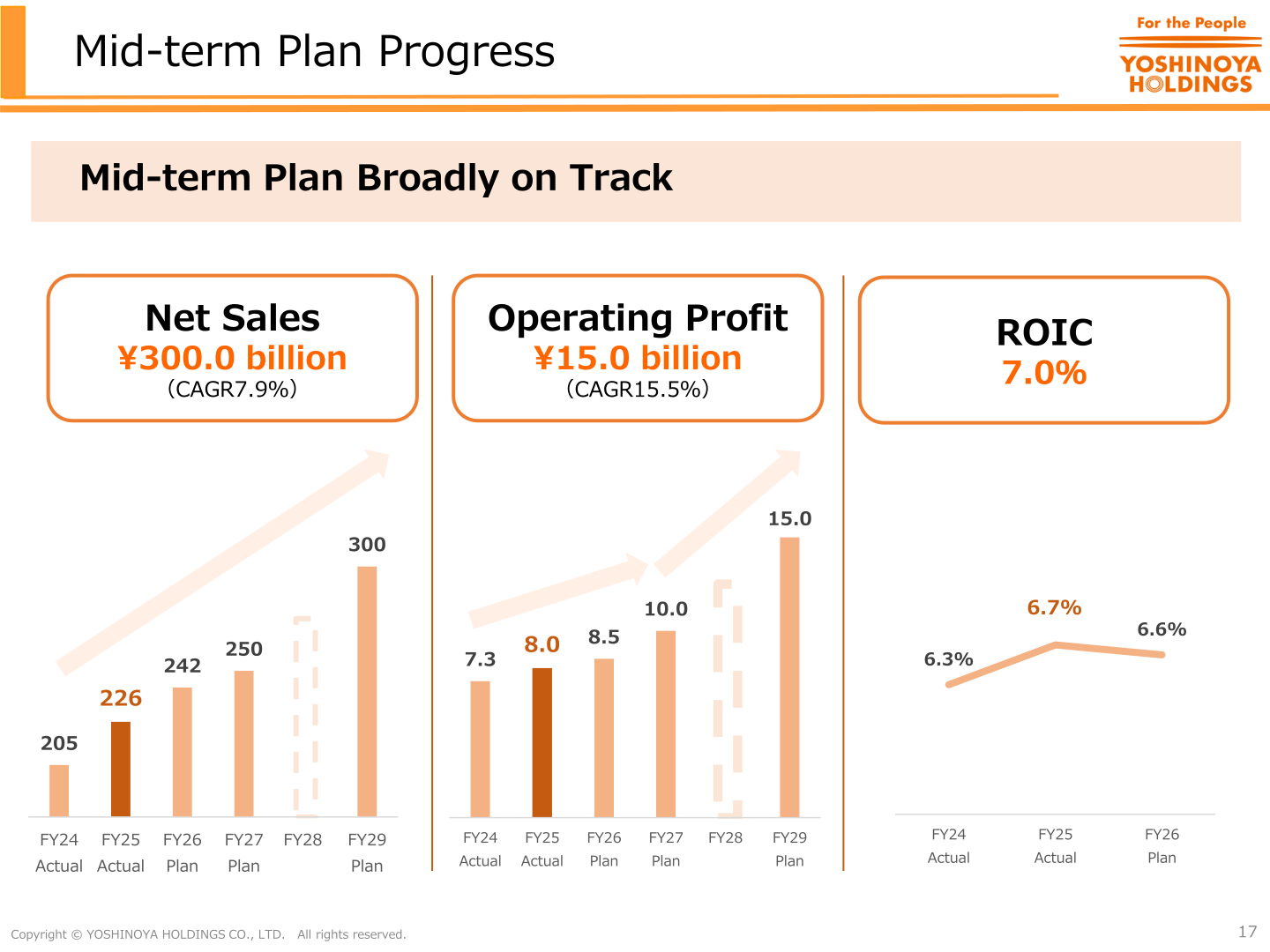 Medium-term plan progress showing net sales, operating profit and ROIC trajectories to FY2029