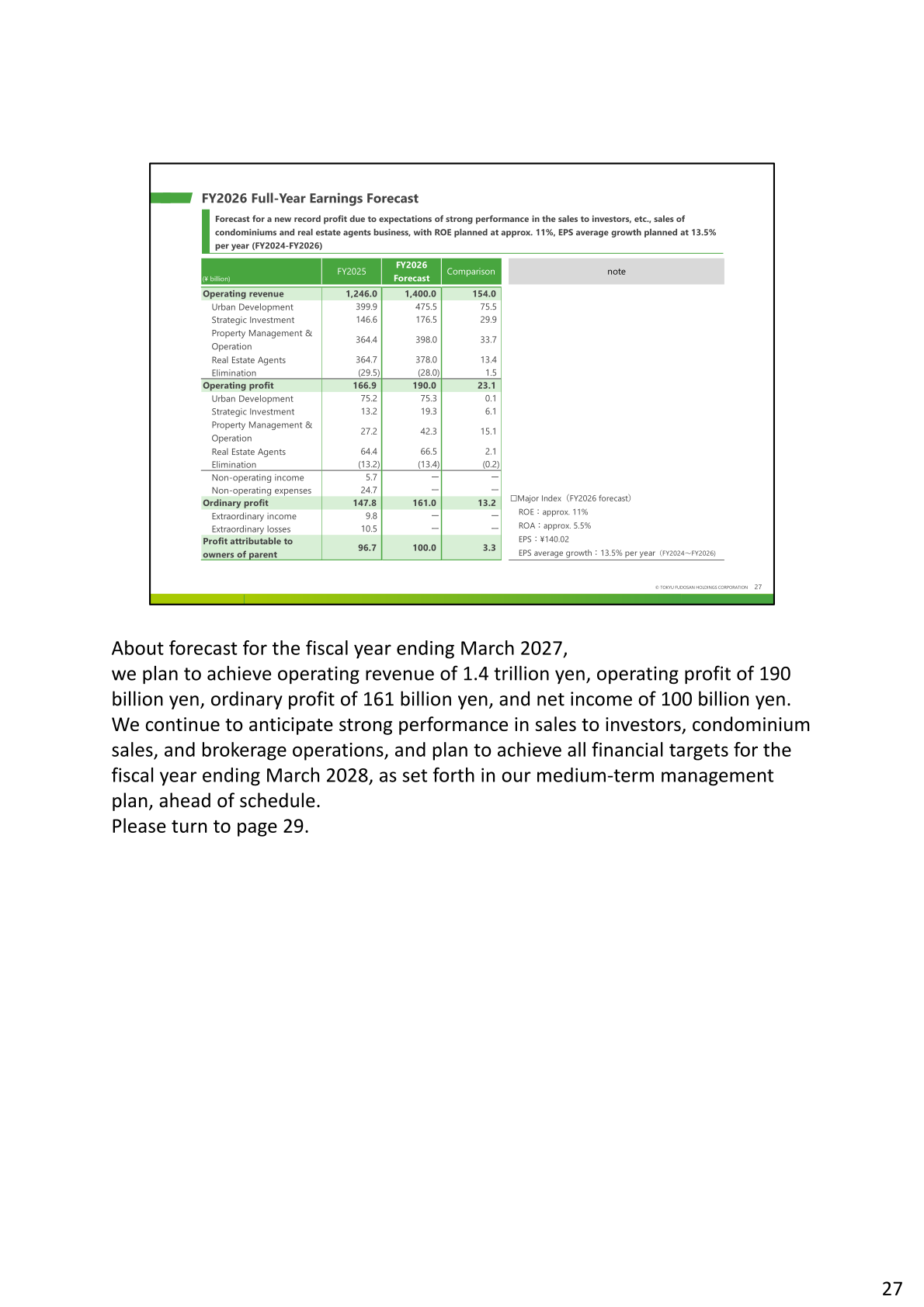 FY2026 full-year earnings forecast table showing operating revenue, operating profit, ordinary profit and net profit by segment