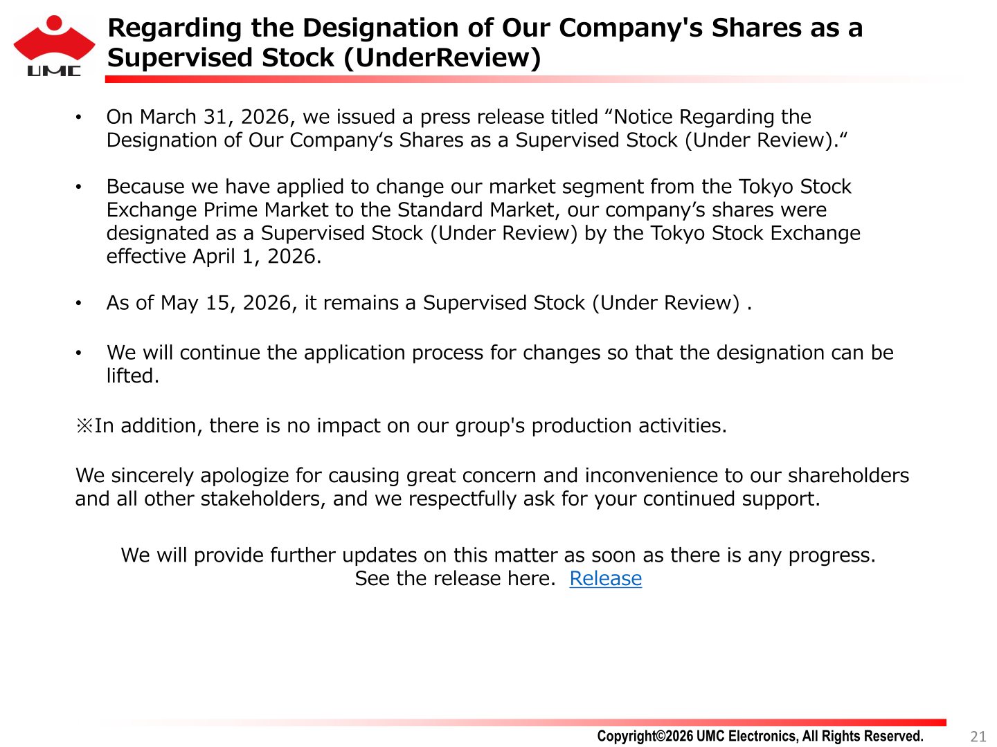 Slide explaining the designation of the company's shares as a Supervised Stock (Under Review) following its application to move to the Standard Market