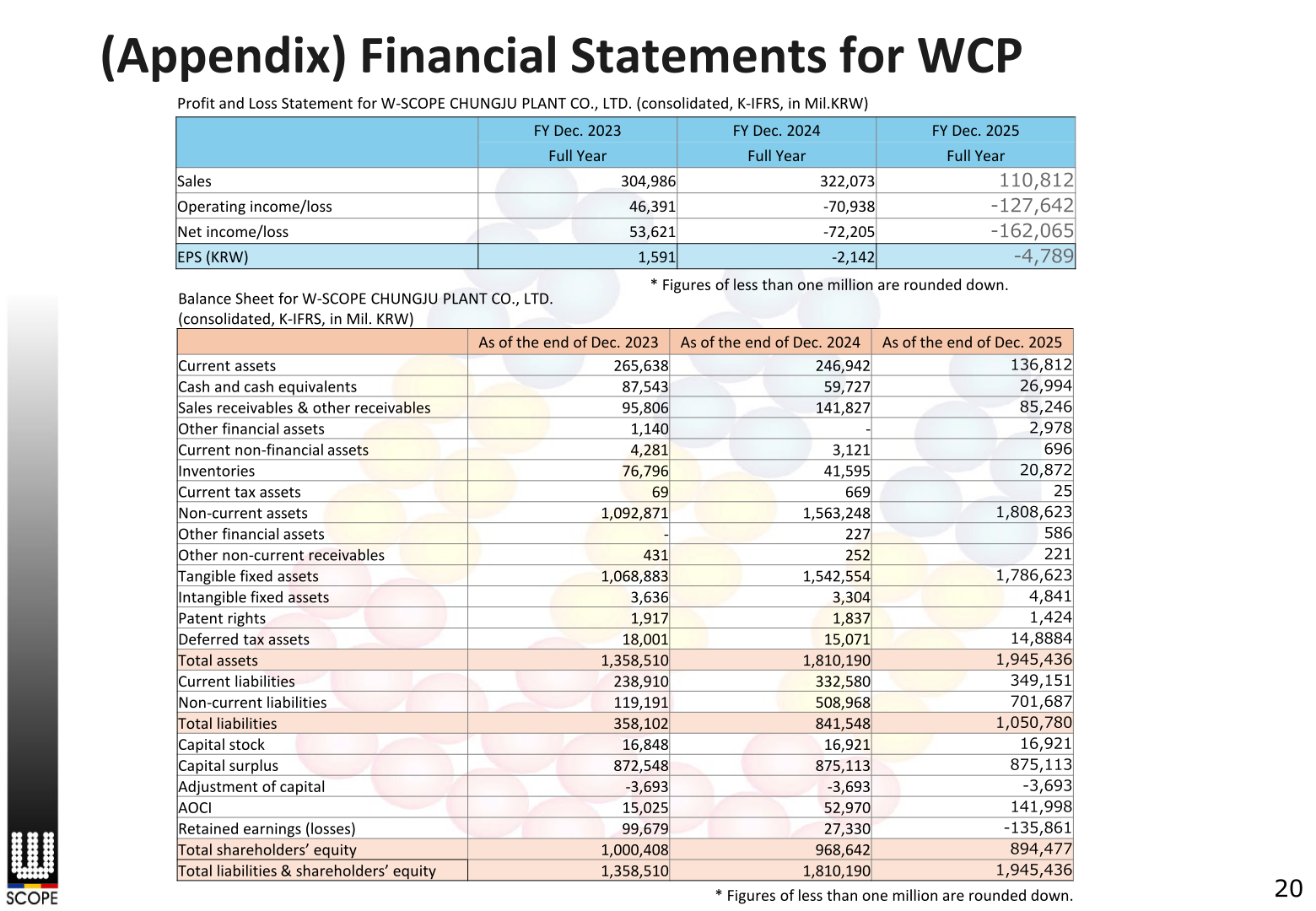 Appendix financial statements for WCP: profit and loss statement and balance sheet in millions of KRW under K-IFRS