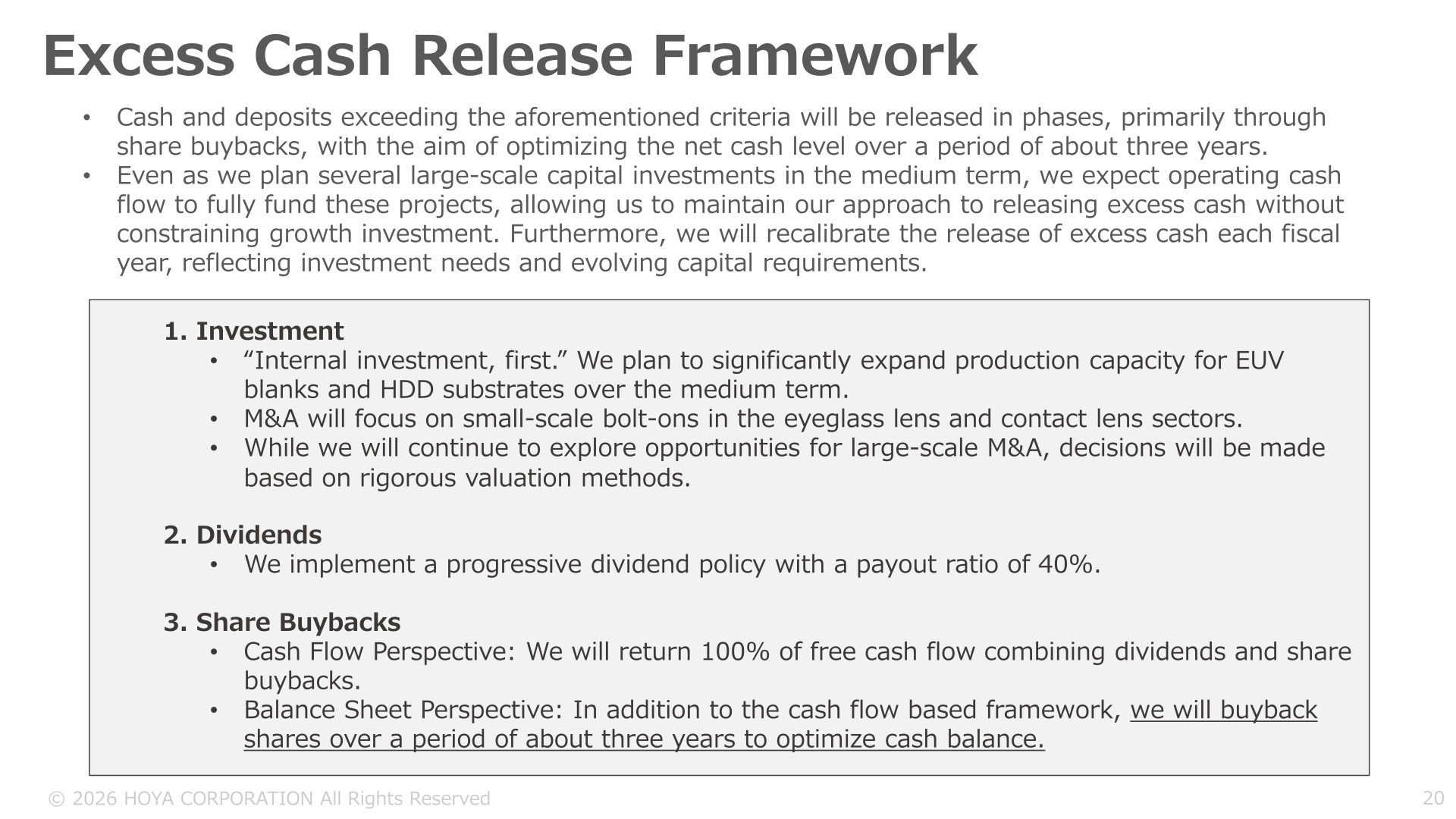 Excess cash release framework slide covering investment, dividends and share buybacks