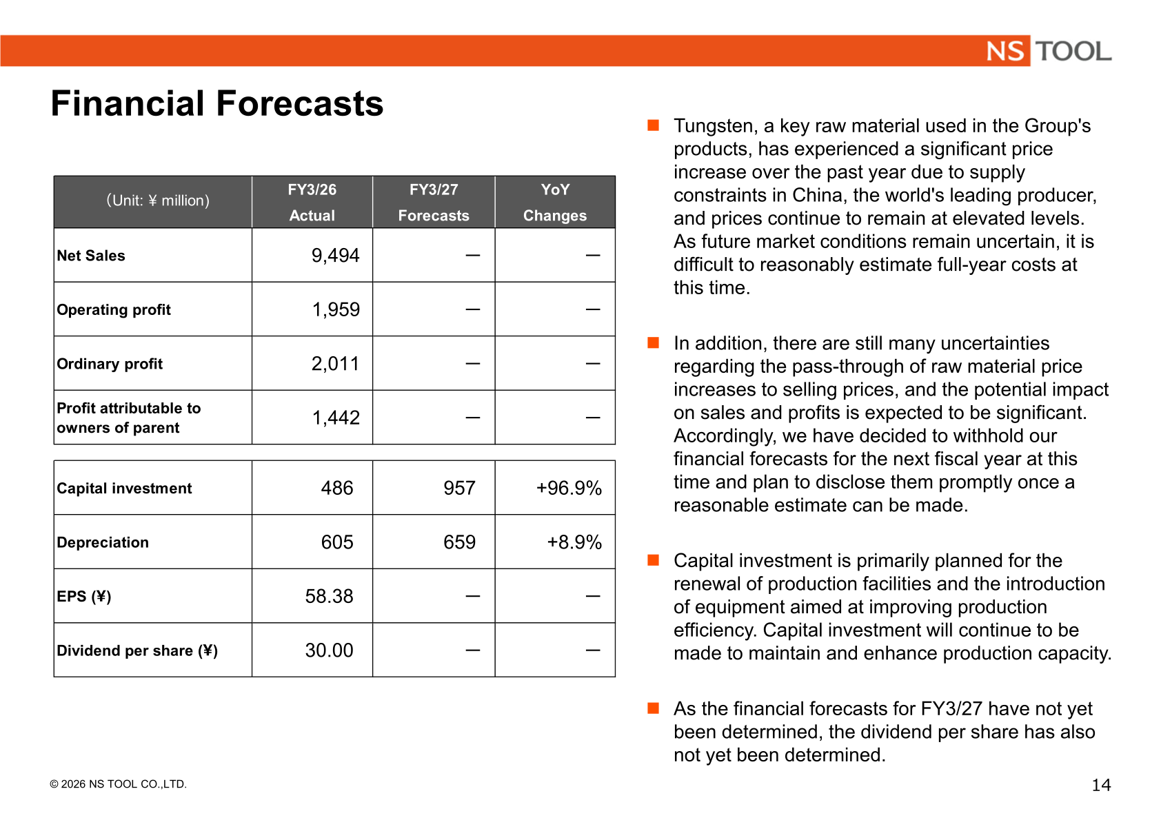 Financial forecasts table for FY3/27 with net sales and profit lines undetermined