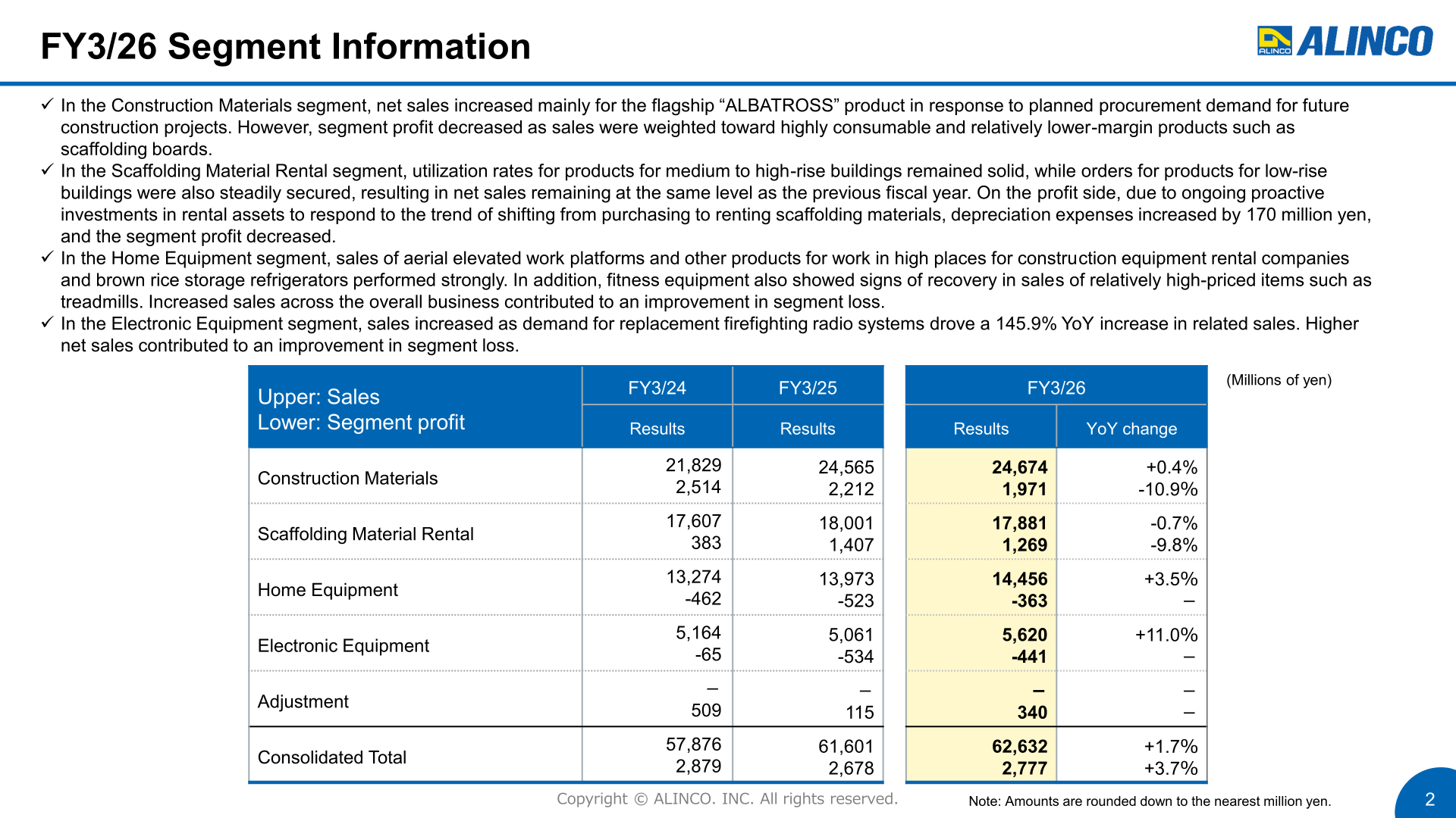 FY3/26 segment information: sales and segment profit by segment for FY3/24 to FY3/26