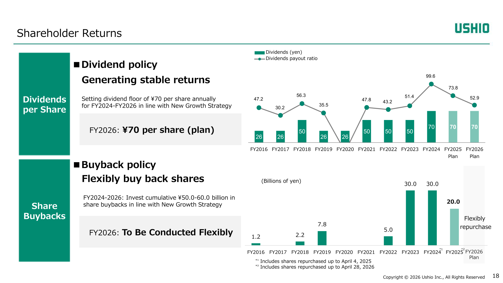 Shareholder returns slide showing dividends per share trend and share buybacks under the New Growth Strategy