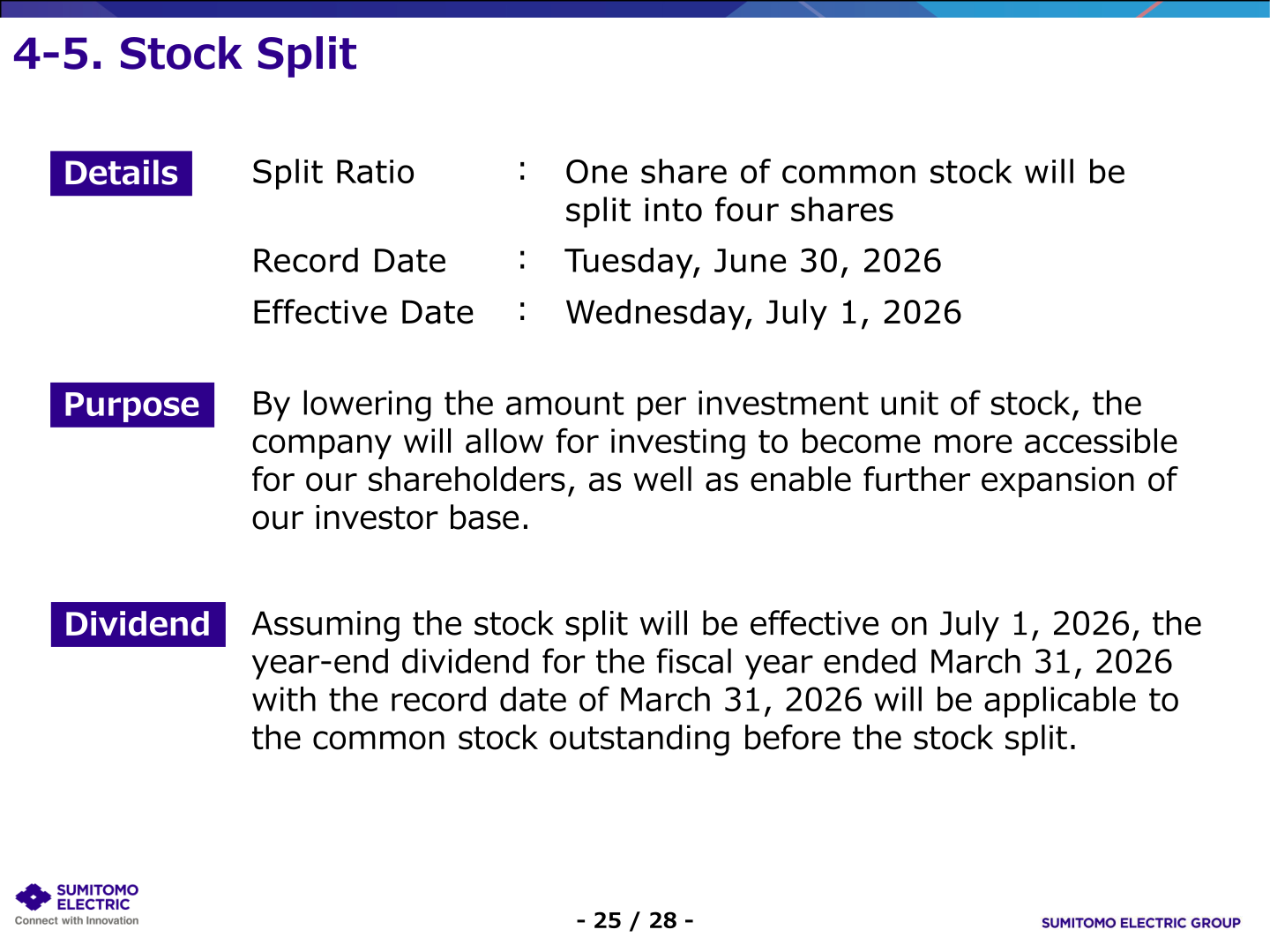 Stock split details: 1 share into 4 shares, record date June 30, 2026, effective July 1, 2026