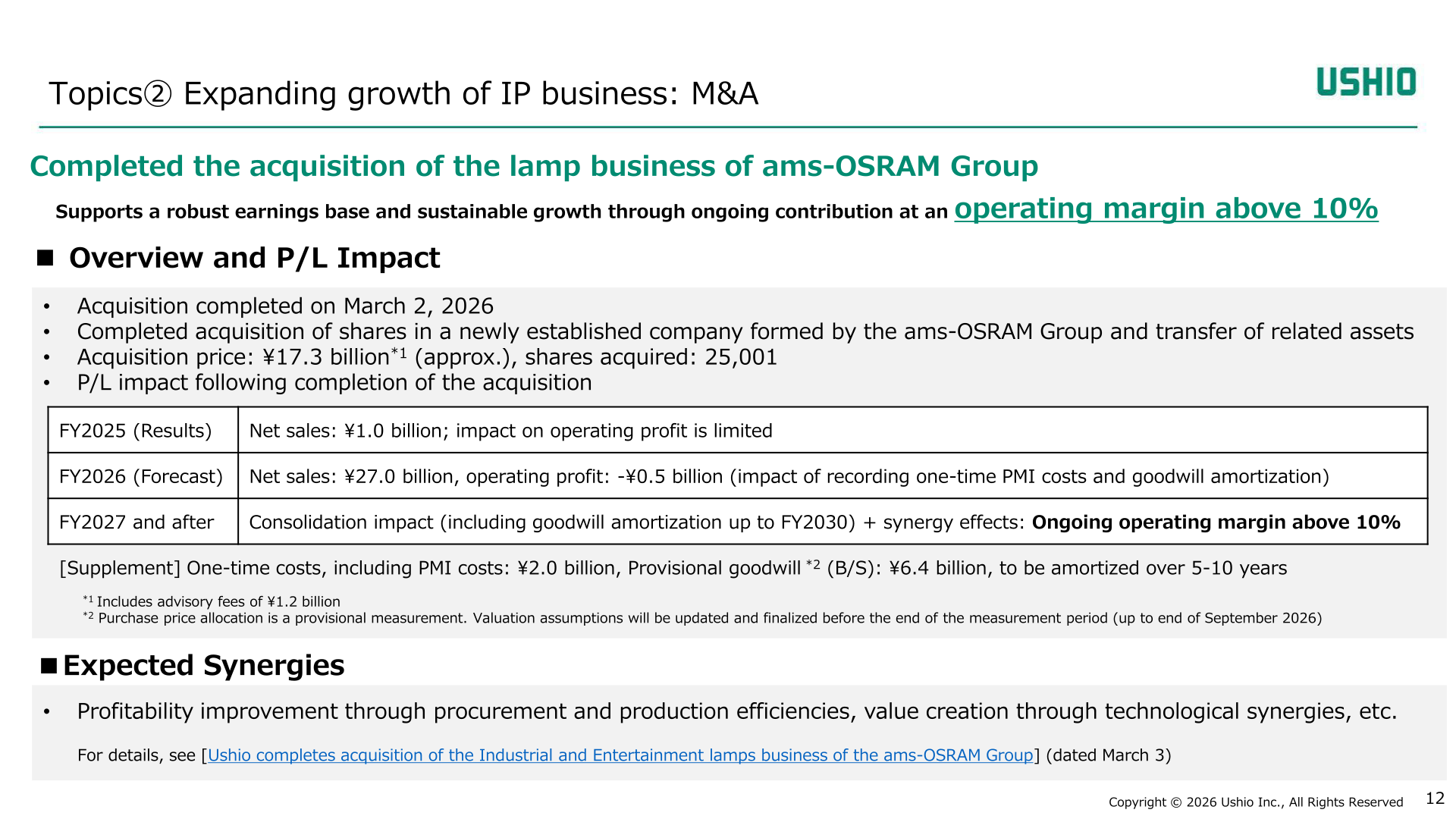 Slide on the completed acquisition of the ams-OSRAM Group lamp business, showing acquisition overview, P/L impact and expected synergies
