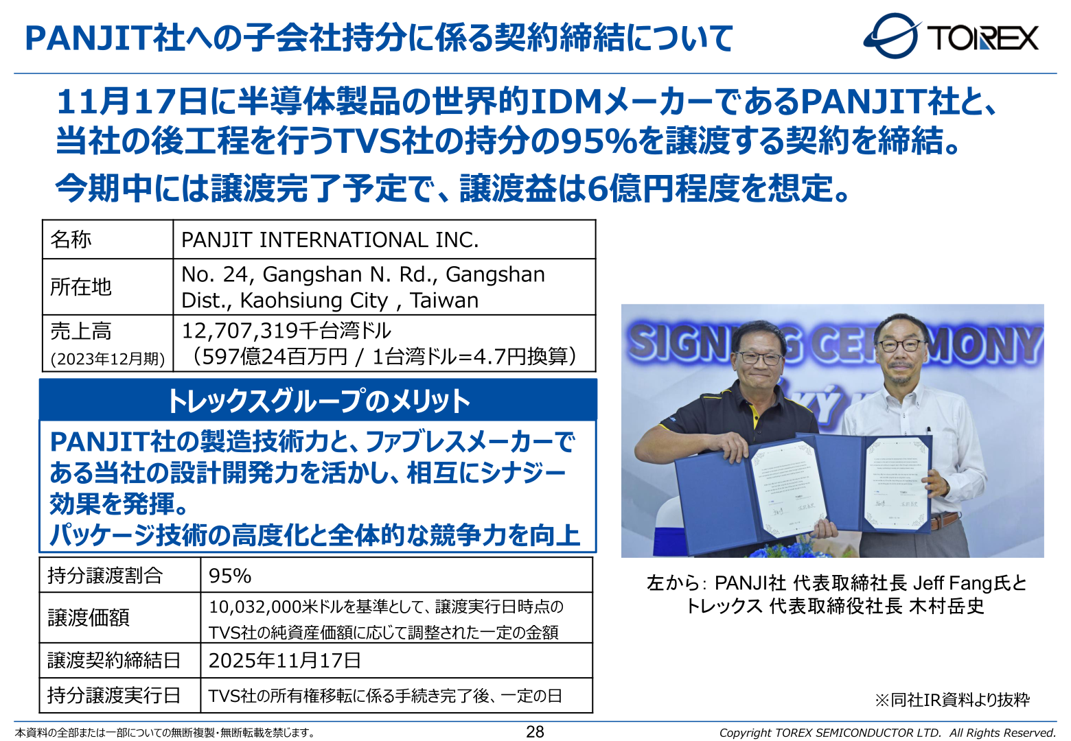 Agreement with PANJIT on the transfer of the equity interest in subsidiary TVS