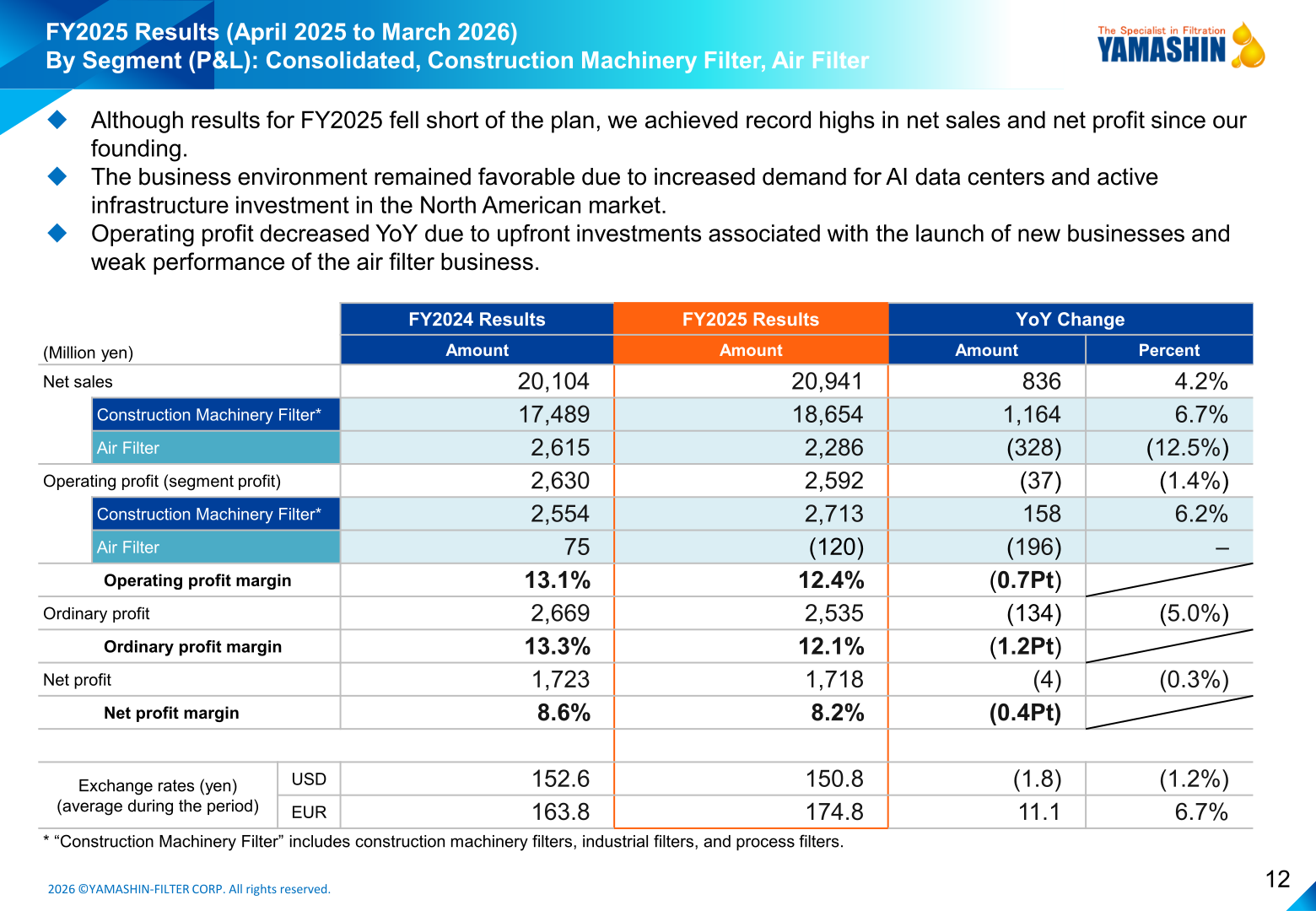 FY2025 consolidated and segment profit and loss table