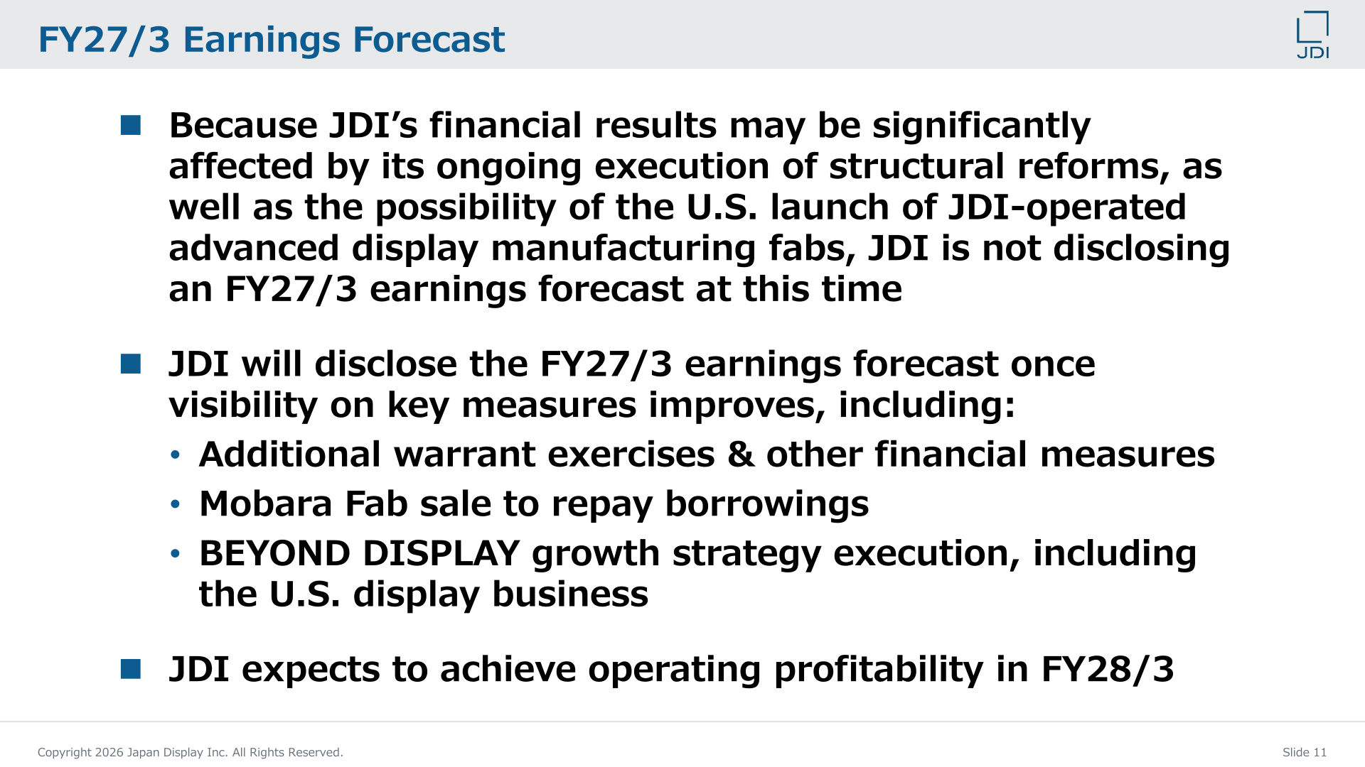 FY27/3 earnings forecast slide explaining that no forecast is disclosed at this time