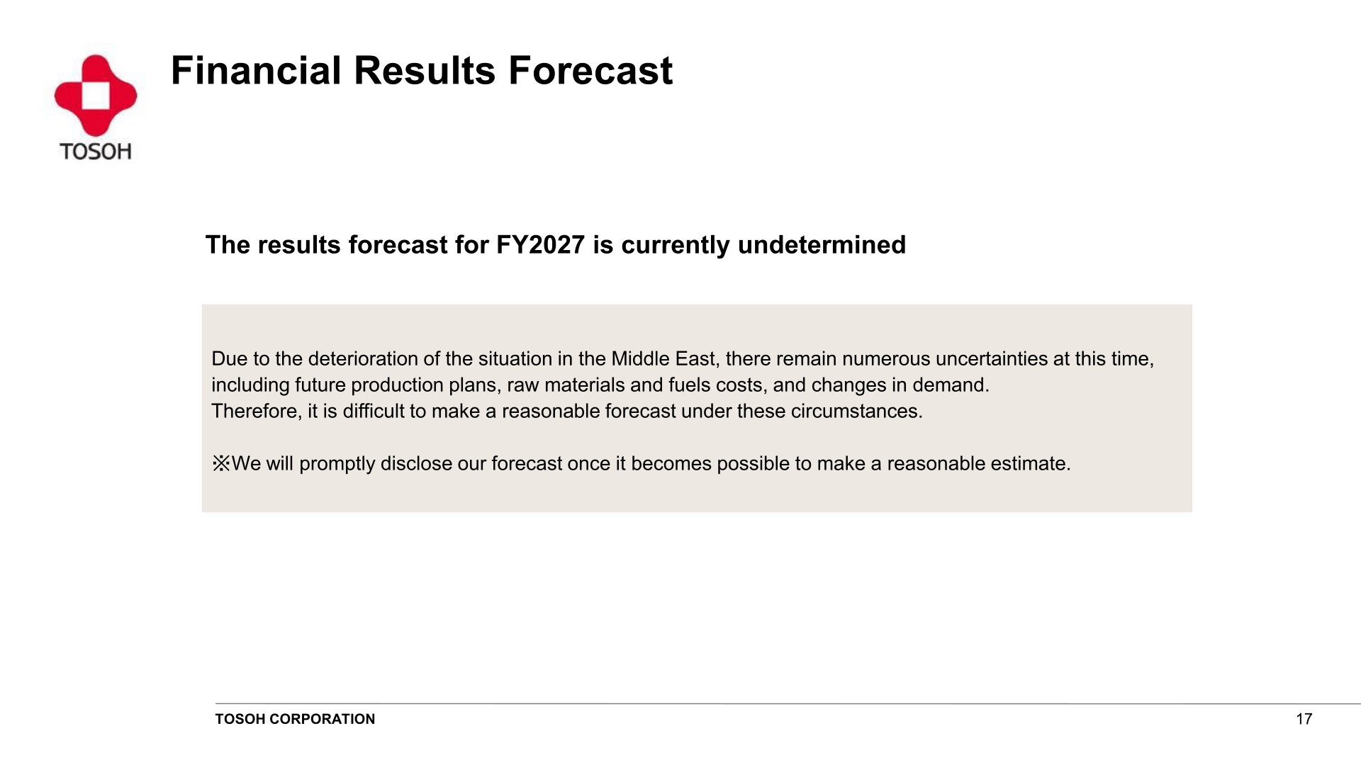 Slide stating that the FY2027 results forecast is currently undetermined due to the situation in the Middle East