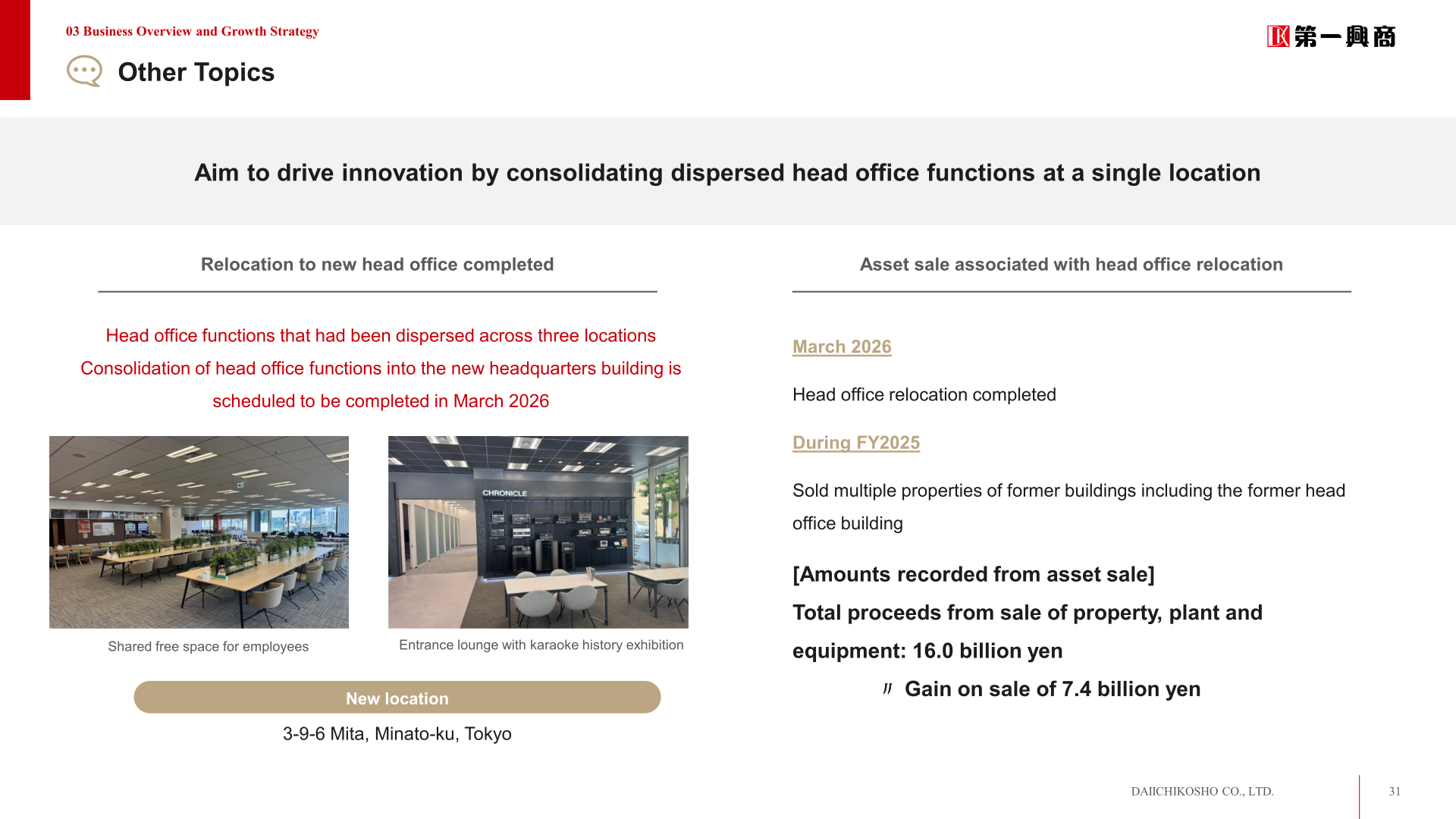 Other topics slide covering the completed head office relocation and the asset sale associated with it