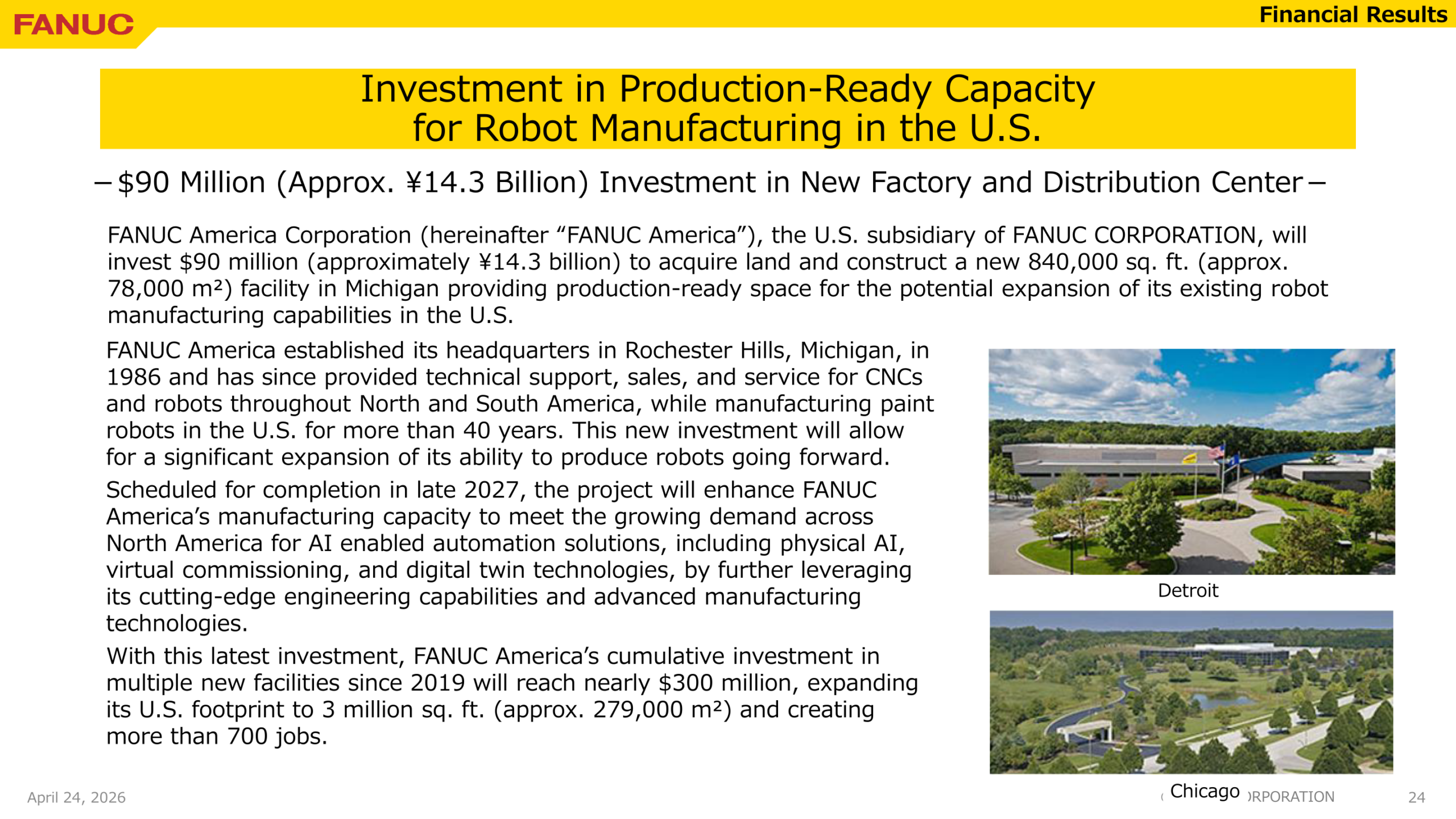 FANUC America investment in a new robot manufacturing facility in Michigan, U.S.