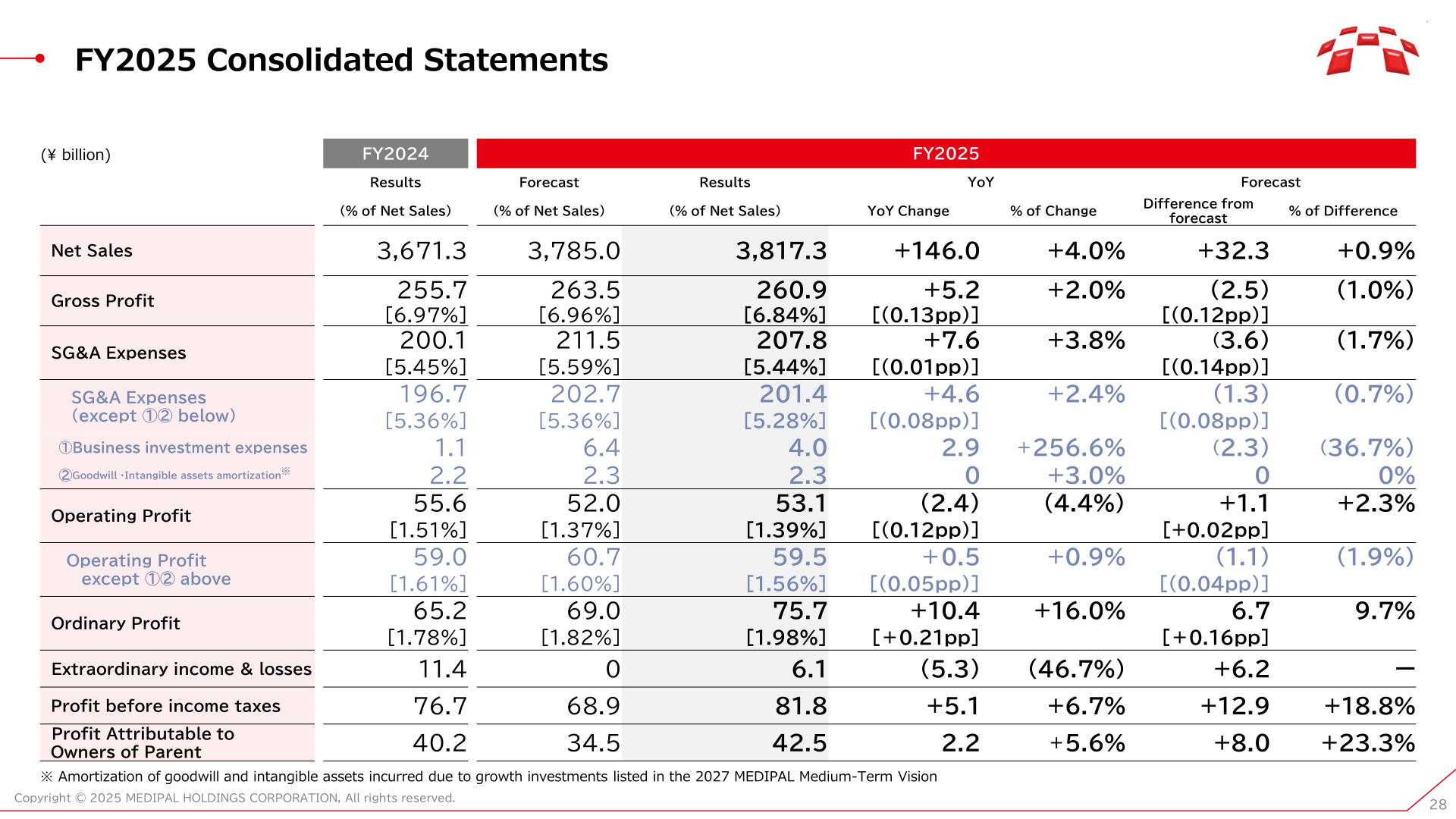 FY2025 consolidated statements showing results, forecast and year-on-year change