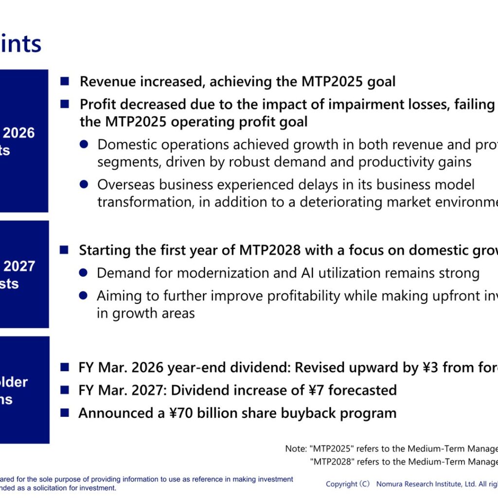 Nomura Research Institute (4307): FY2025 Results Summary — Overseas Impairment Losses Weigh on Profit Despite Strong Domestic Growth