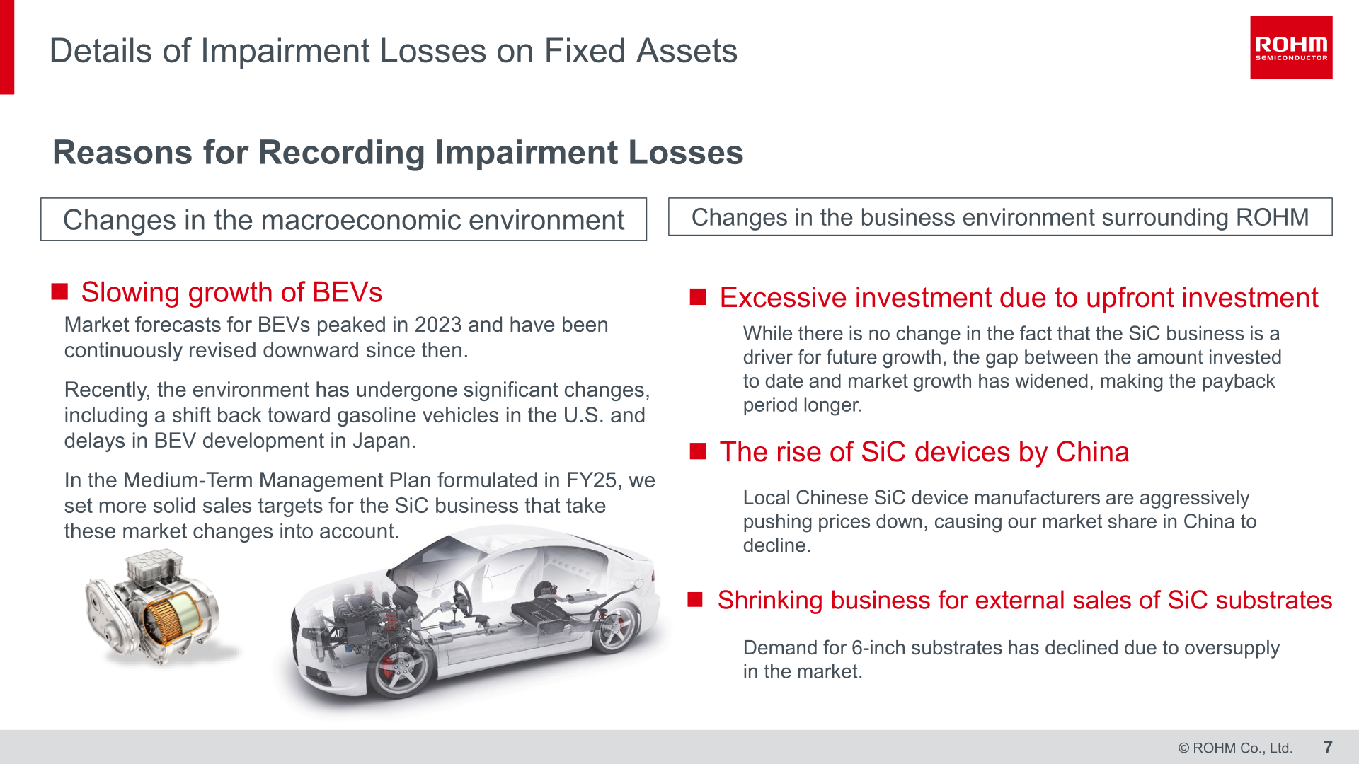 Details of impairment losses on fixed assets, showing the macroeconomic and business-environment reasons ROHM recorded the losses