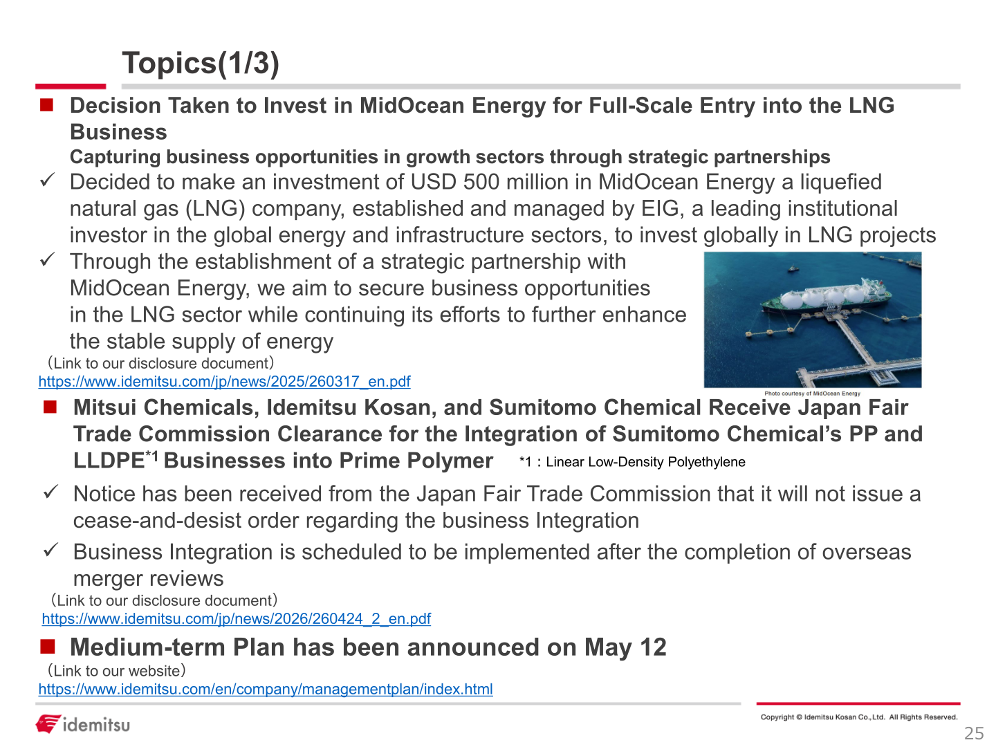 Topics slide describing the Medium-Term Plan announcement, the USD500 million MidOcean Energy LNG investment, and JFTC clearance for the Sumitomo Chemical PP/LLDPE integration into Prime Polymer