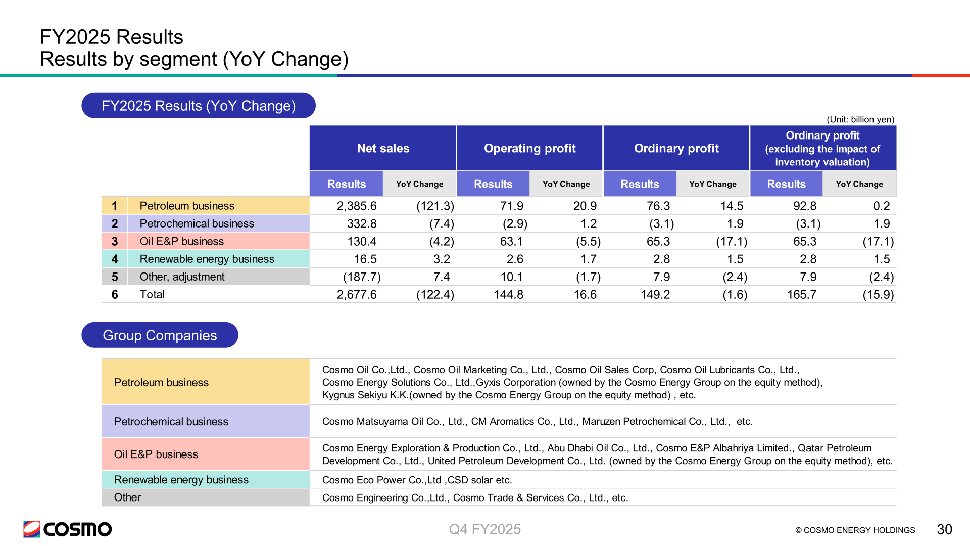 FY2025 results by segment with year-on-year change