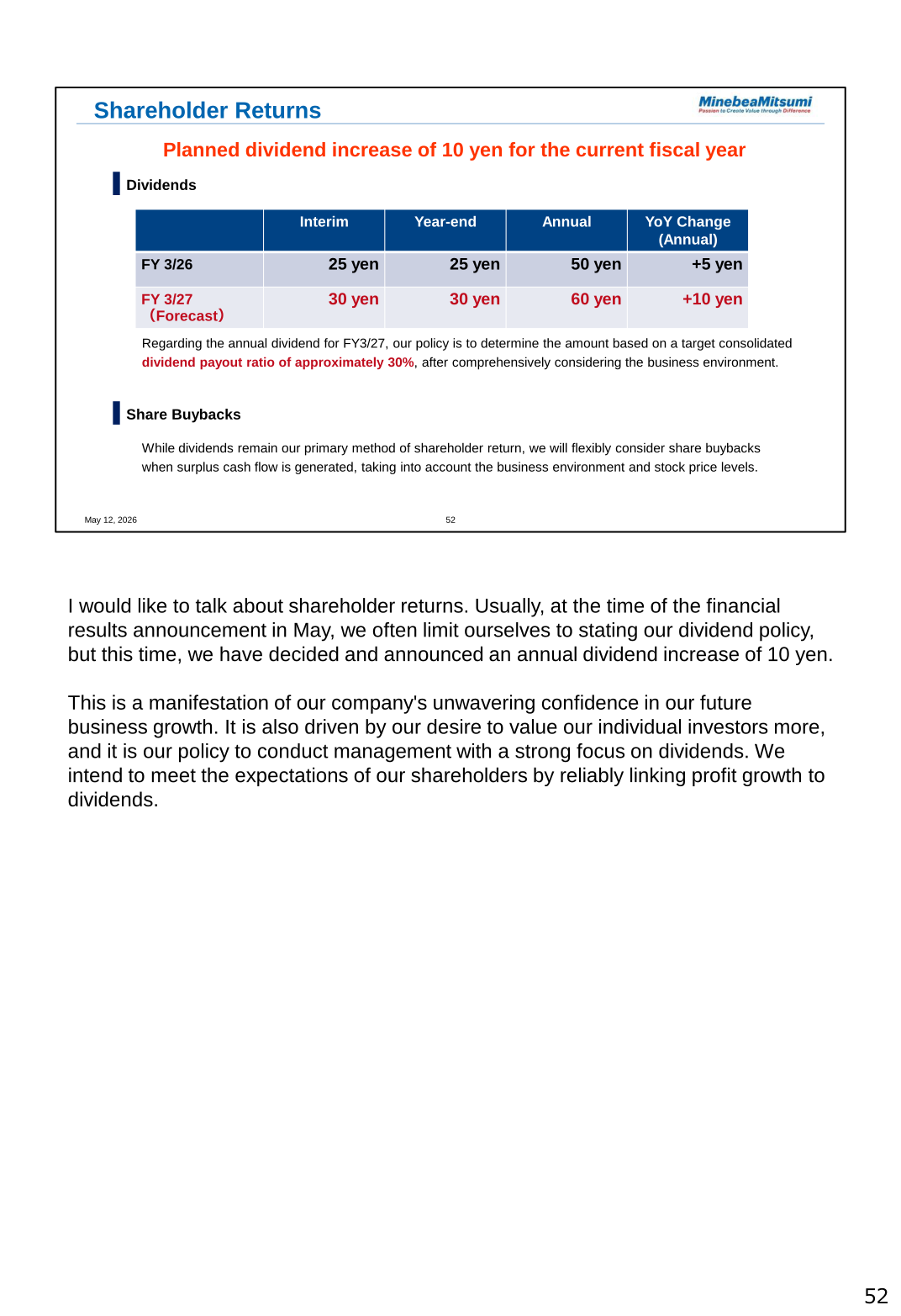 Shareholder returns: FY3/26 annual dividend of 50 yen and FY3/27 forecast of 60 yen (+10 yen), dividend payout ratio target of approximately 30%, and policy on share buybacks
