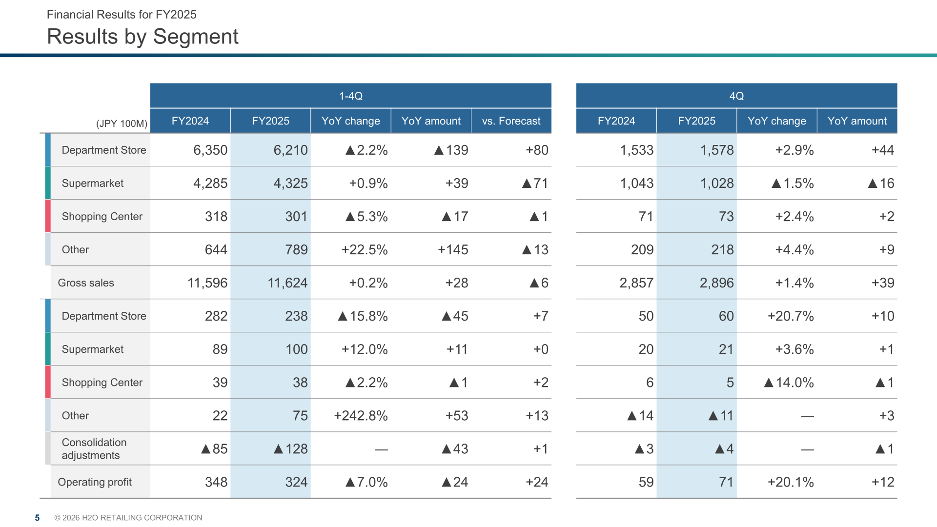 H2O Retailing FY2025 results by segment: gross sales and operating profit for Department Store, Supermarket, Shopping Center and Other