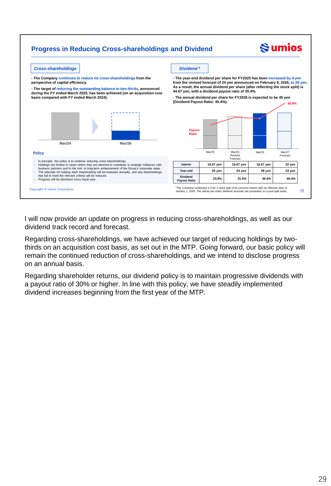 Progress in reducing cross-shareholdings and dividend table showing interim, year-end dividends per share and payout ratios from Mar/25 to the Mar/27 forecast