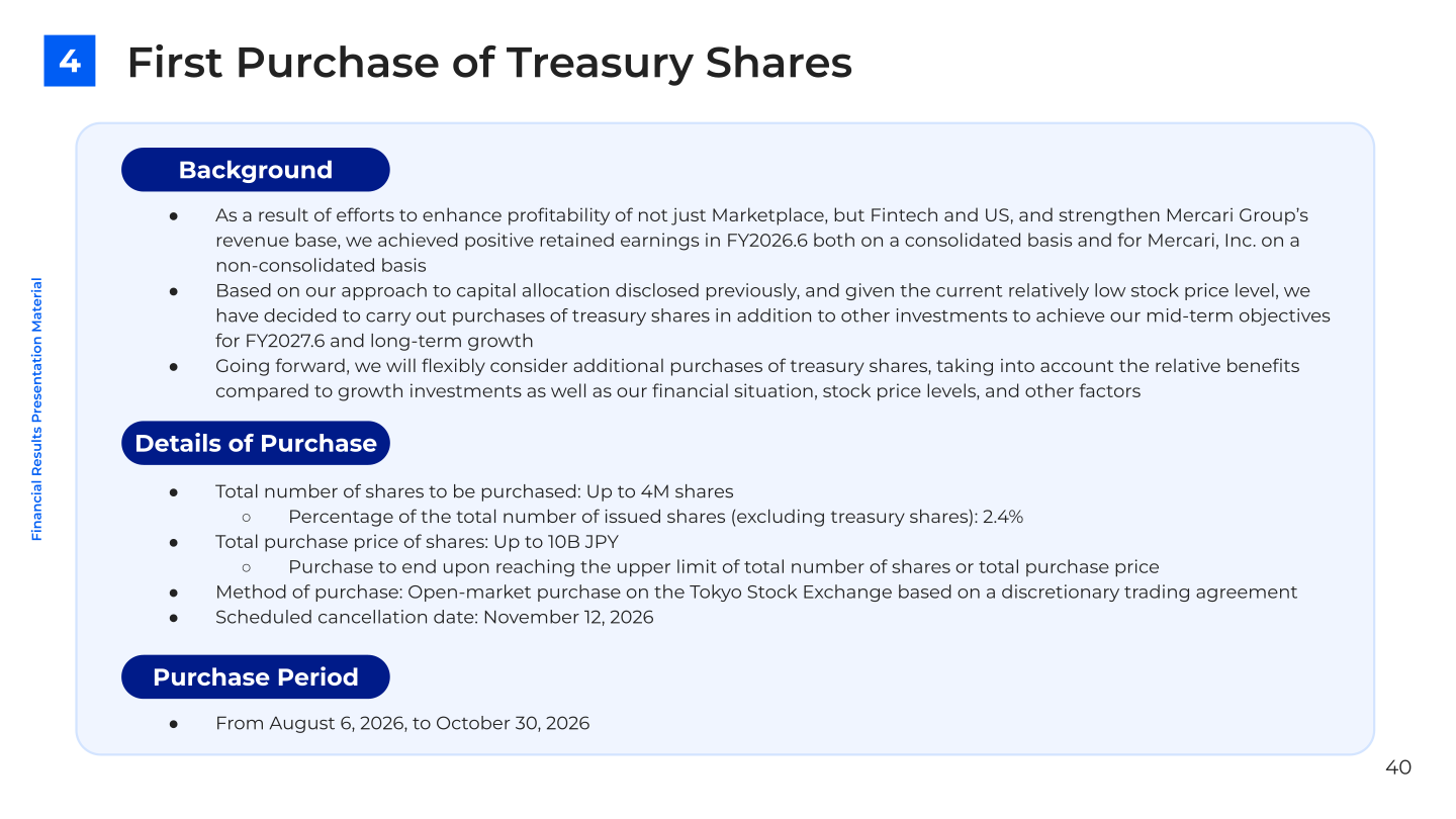 Slide describing Mercari's first purchase of treasury shares of up to 4 million shares and up to 10 billion yen, with purchases from August 6 to October 30, 2026 and scheduled cancellation on November 12, 2026