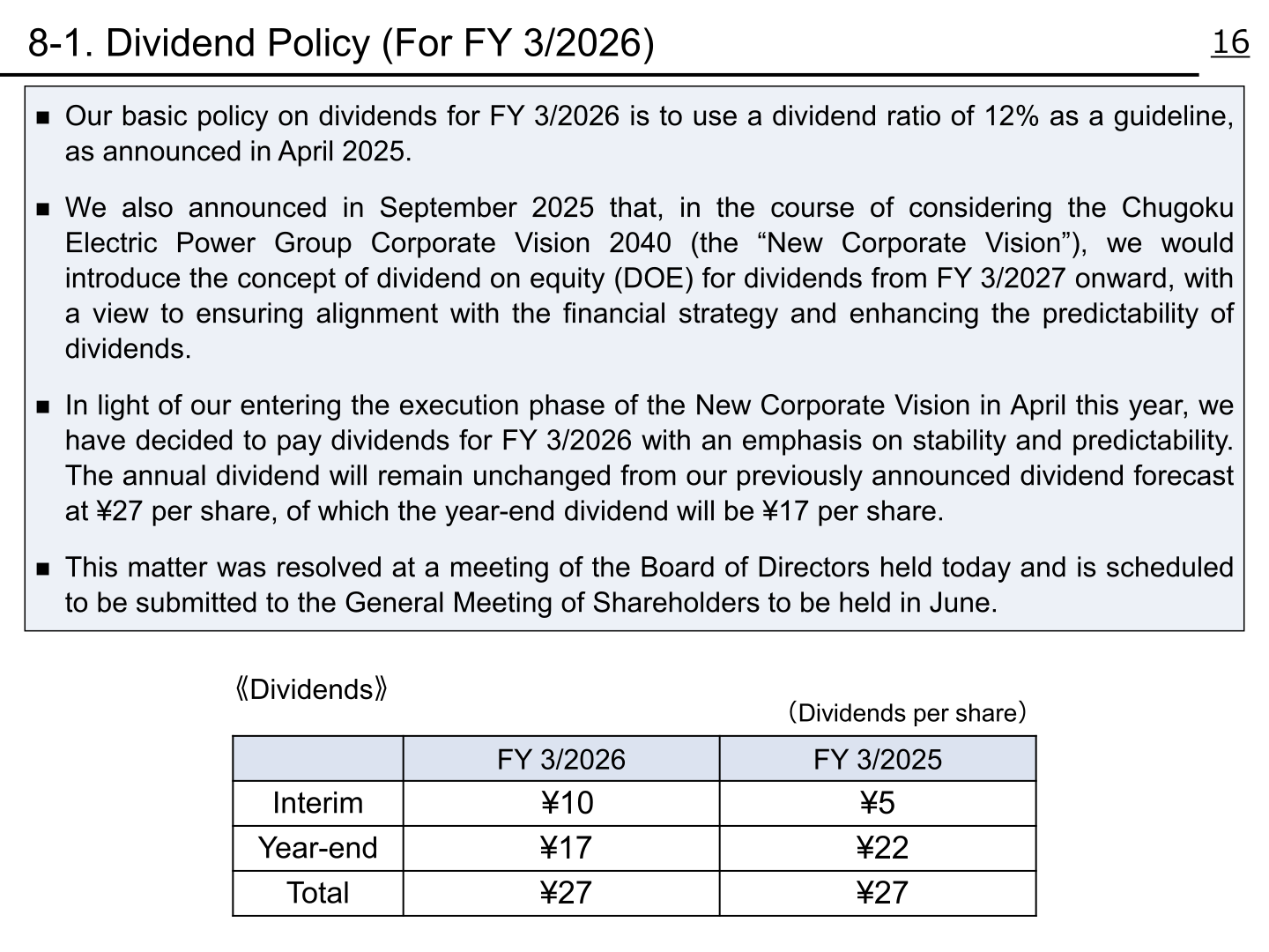 Dividend policy for FY 3/2026 and dividends per share table