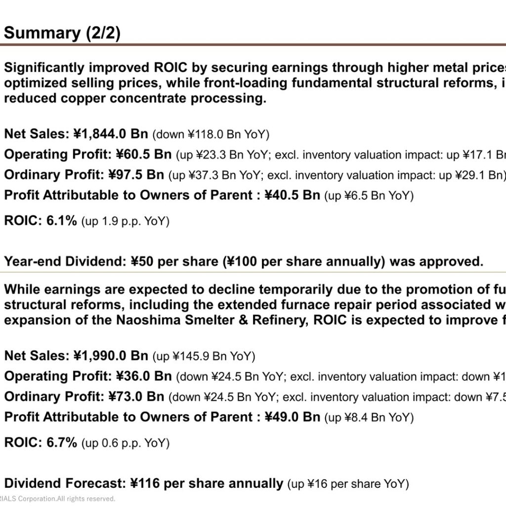 Mitsubishi Materials (5711): FY2025 Results Summary — Ordinary Profit of ¥97.5 Bn on Higher Metal Prices and Price Optimization