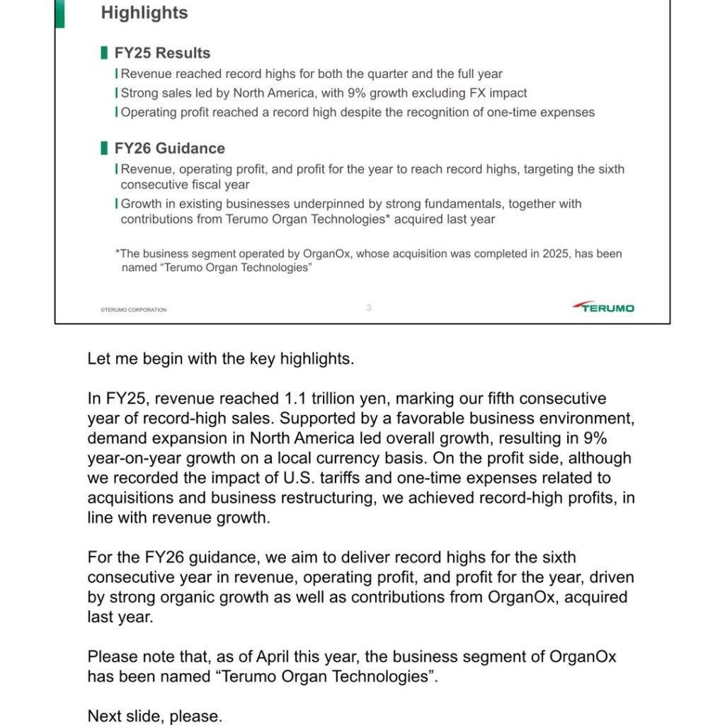 Terumo (4543): FY2025 Results Summary — Record Revenue and Profit Despite Tariffs and One-Time Costs, FY26 Targets Sixth Straight Record Year