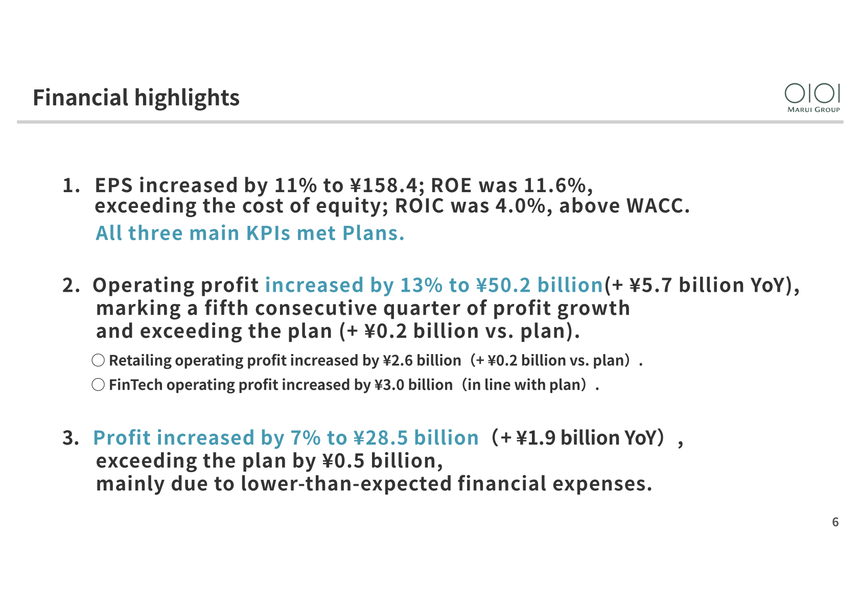 Financial highlights slide showing EPS of ¥158.4, ROE of 11.6%, operating profit of ¥50.2 billion and profit of ¥28.5 billion