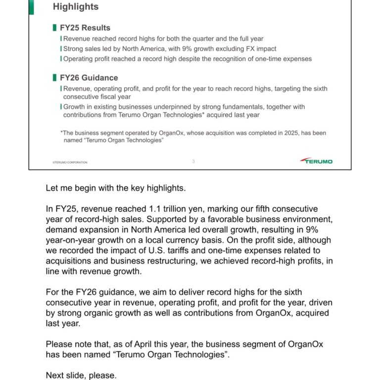 Terumo (4543): FY2025 Results Summary — Record Revenue and Profit Despite Tariffs and One-Time Costs, FY26 Targets Sixth Straight Record Year