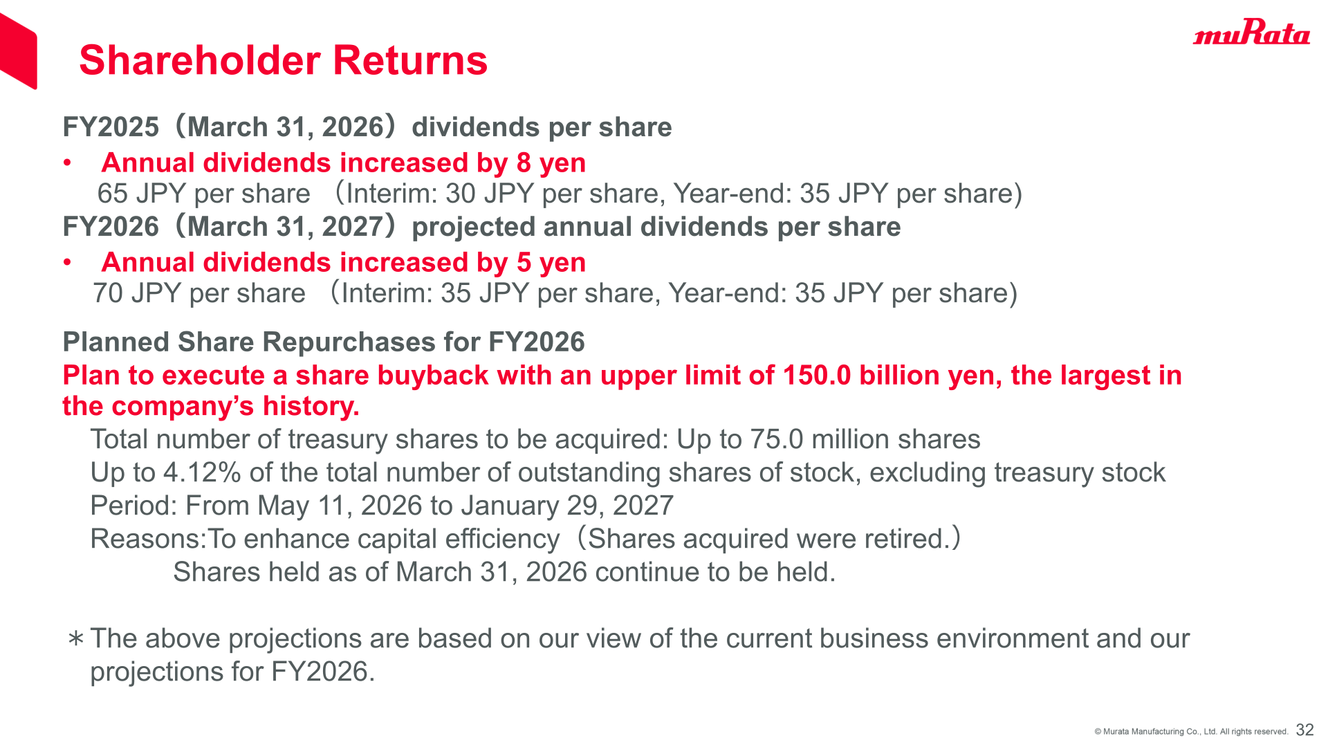 Shareholder returns slide showing FY2025 and FY2026 dividends per share and planned share repurchases for FY2026