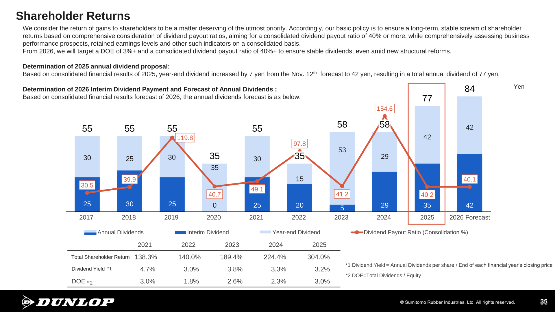 Shareholder returns showing annual dividends per share, payout ratio, dividend yield and DOE