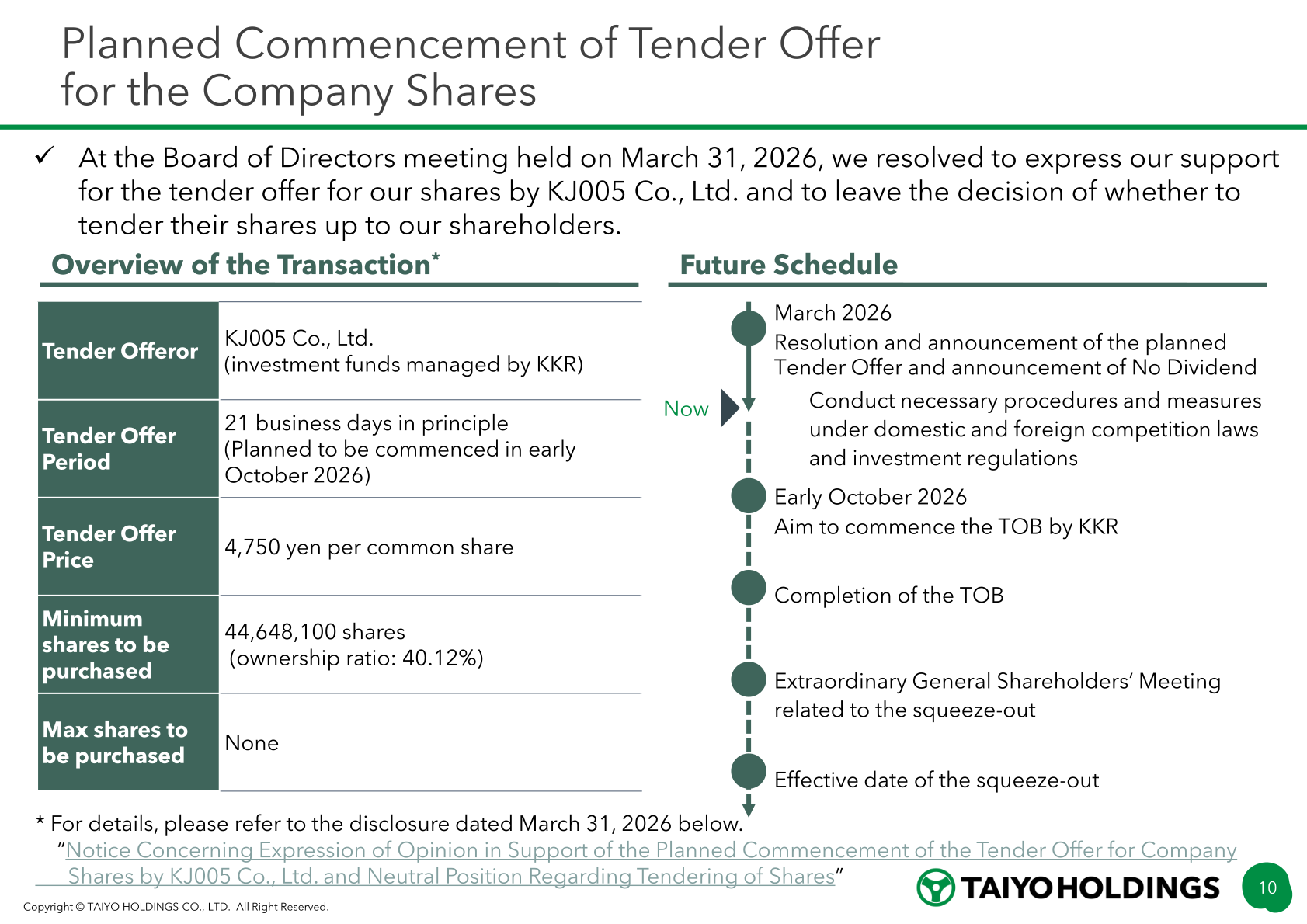 Overview and schedule of the planned tender offer for company shares by KJ005 Co., Ltd. (investment funds managed by KKR)