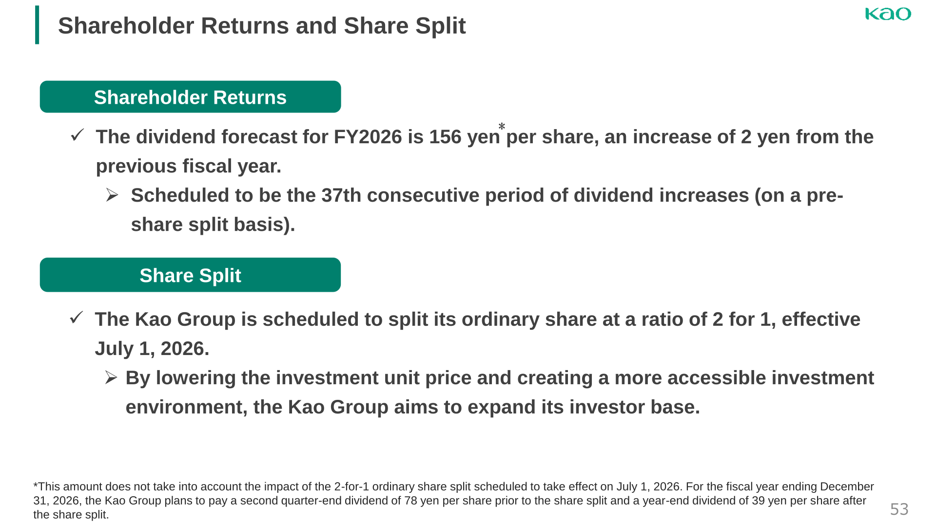 Kao shareholder returns and share split plan