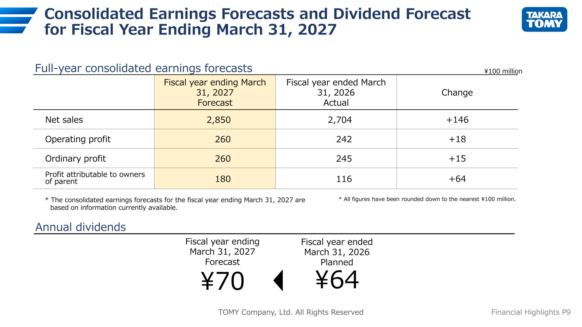 Consolidated earnings forecasts and dividend forecast for the fiscal year ending March 31, 2027