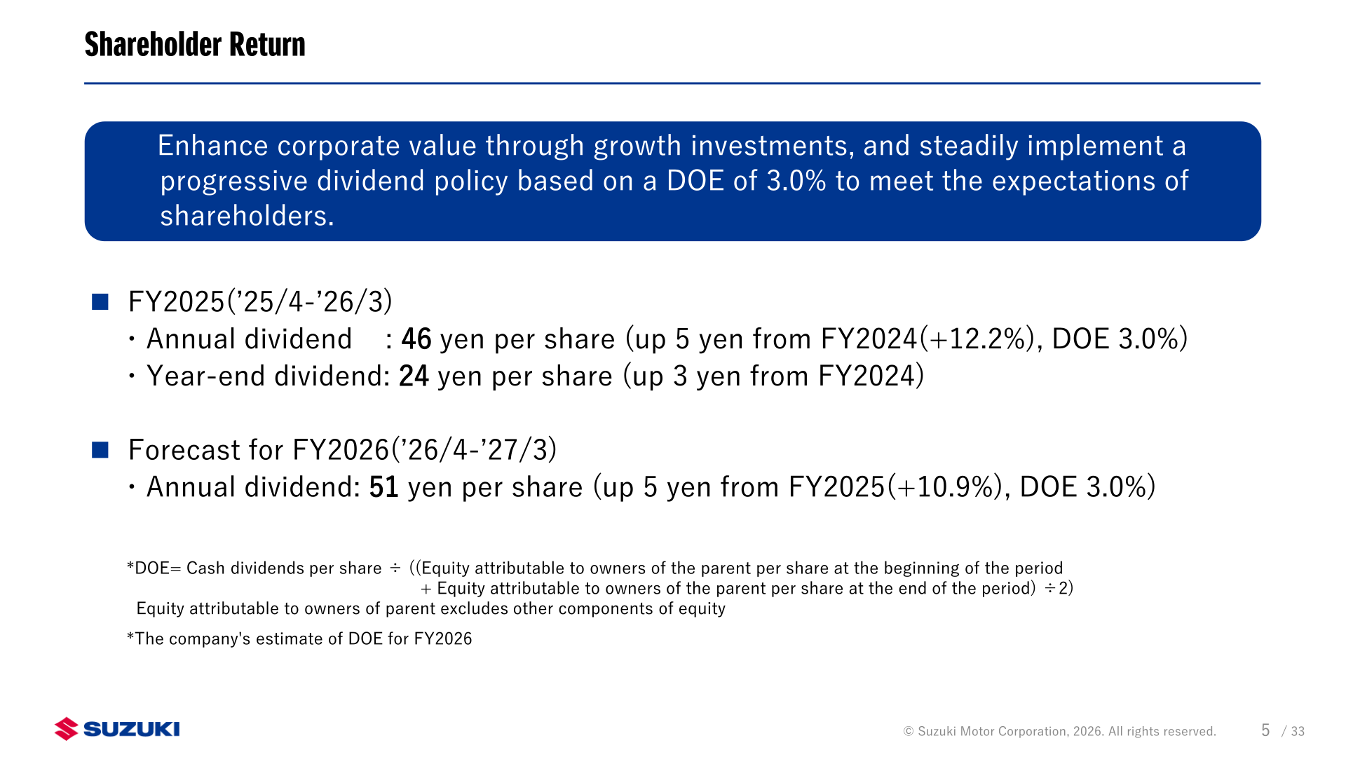 Shareholder return policy: FY2025 dividend results and FY2026 dividend forecast
