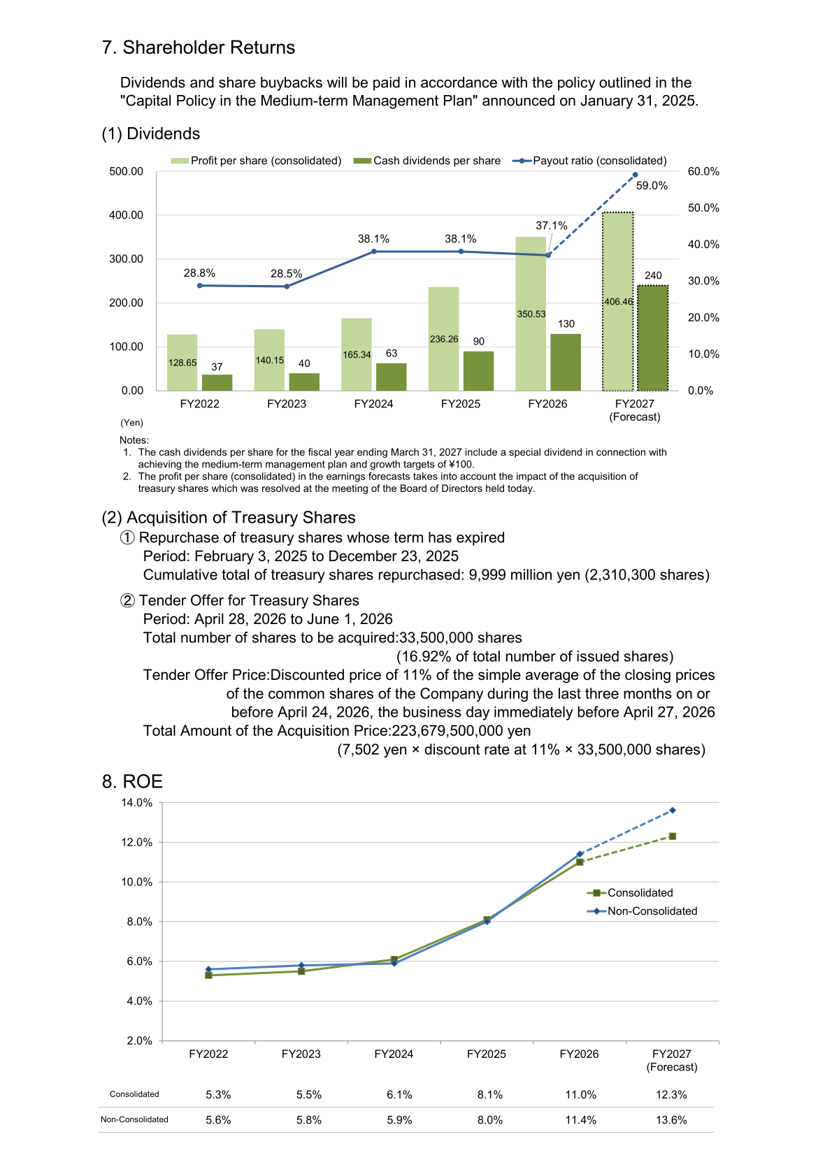 Shareholder returns slide showing dividends per share, payout ratio, treasury share acquisitions and ROE