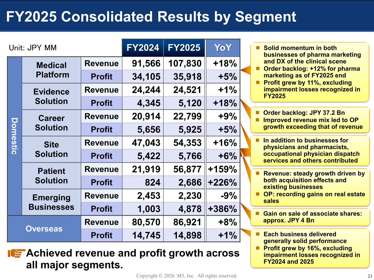 M3 FY2025 consolidated results by segment, showing revenue and profit for each domestic segment and Overseas versus FY2024