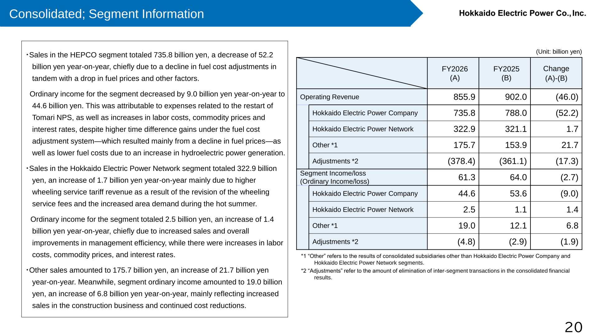 Consolidated segment information table for FY2026 and FY2025