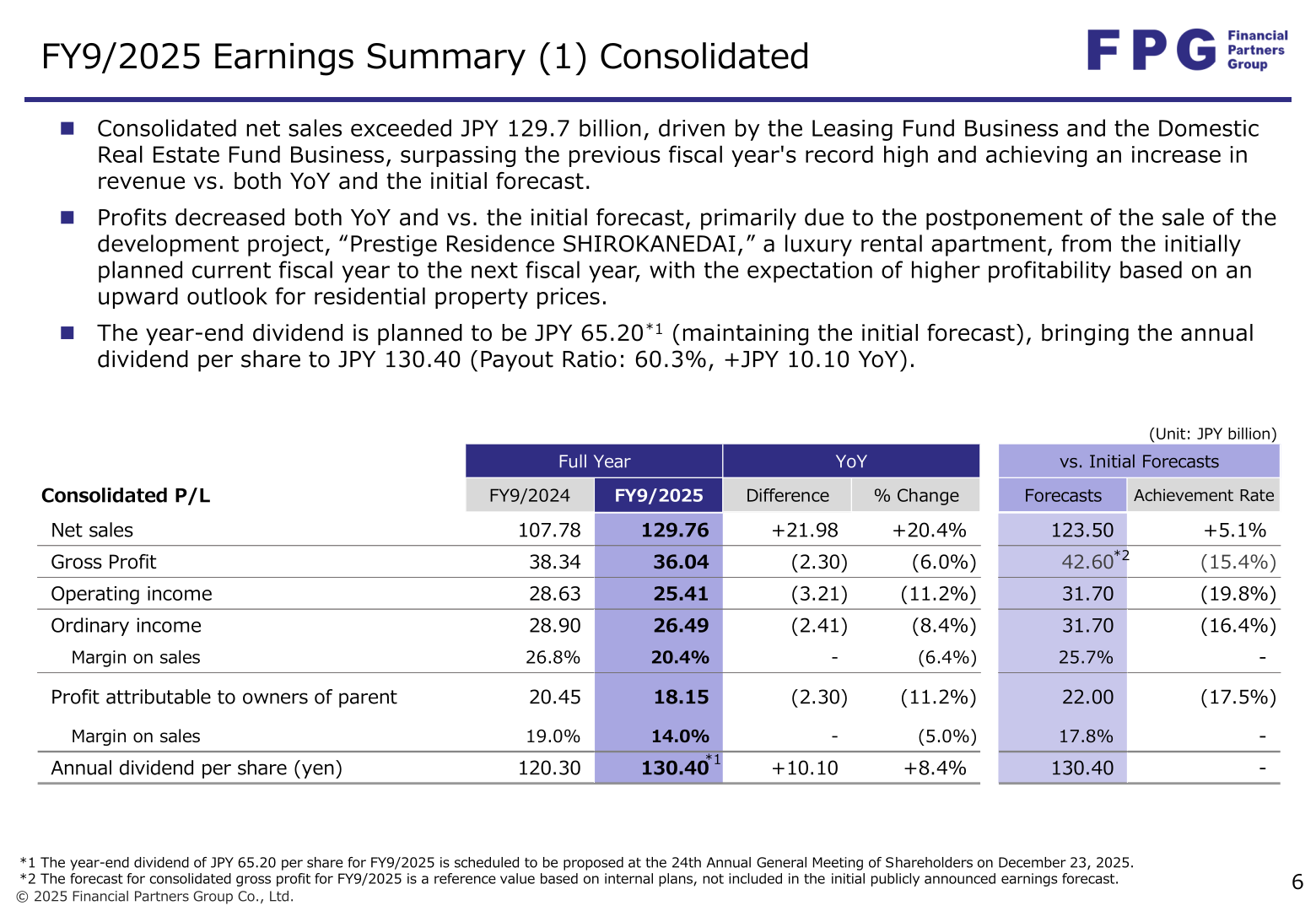 FY9/2025 consolidated earnings summary table showing net sales of JPY 129.76 billion and profit attributable to owners of parent of JPY 18.15 billion