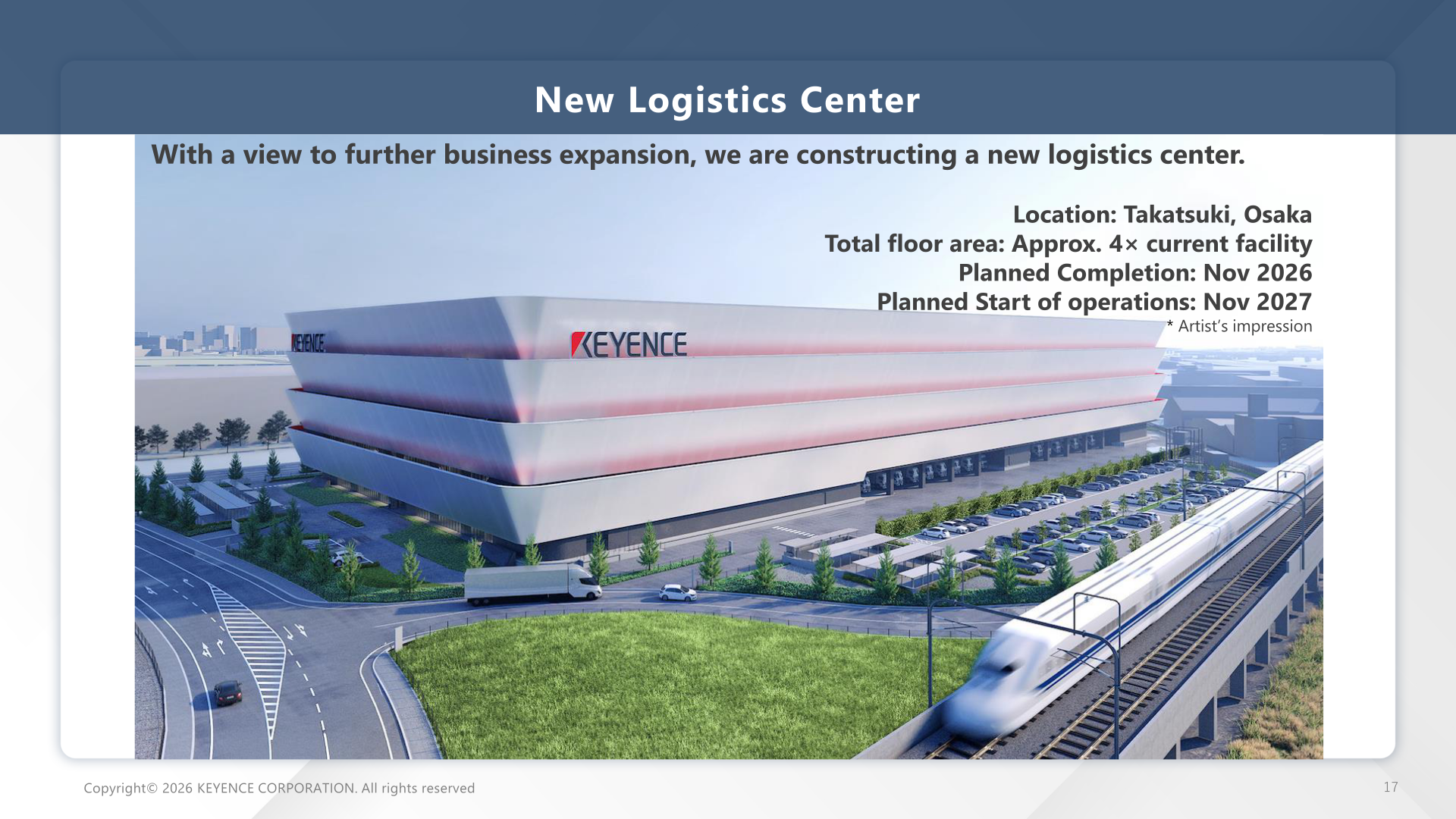 Artist's impression and details of the new logistics center under construction in Takatsuki, Osaka