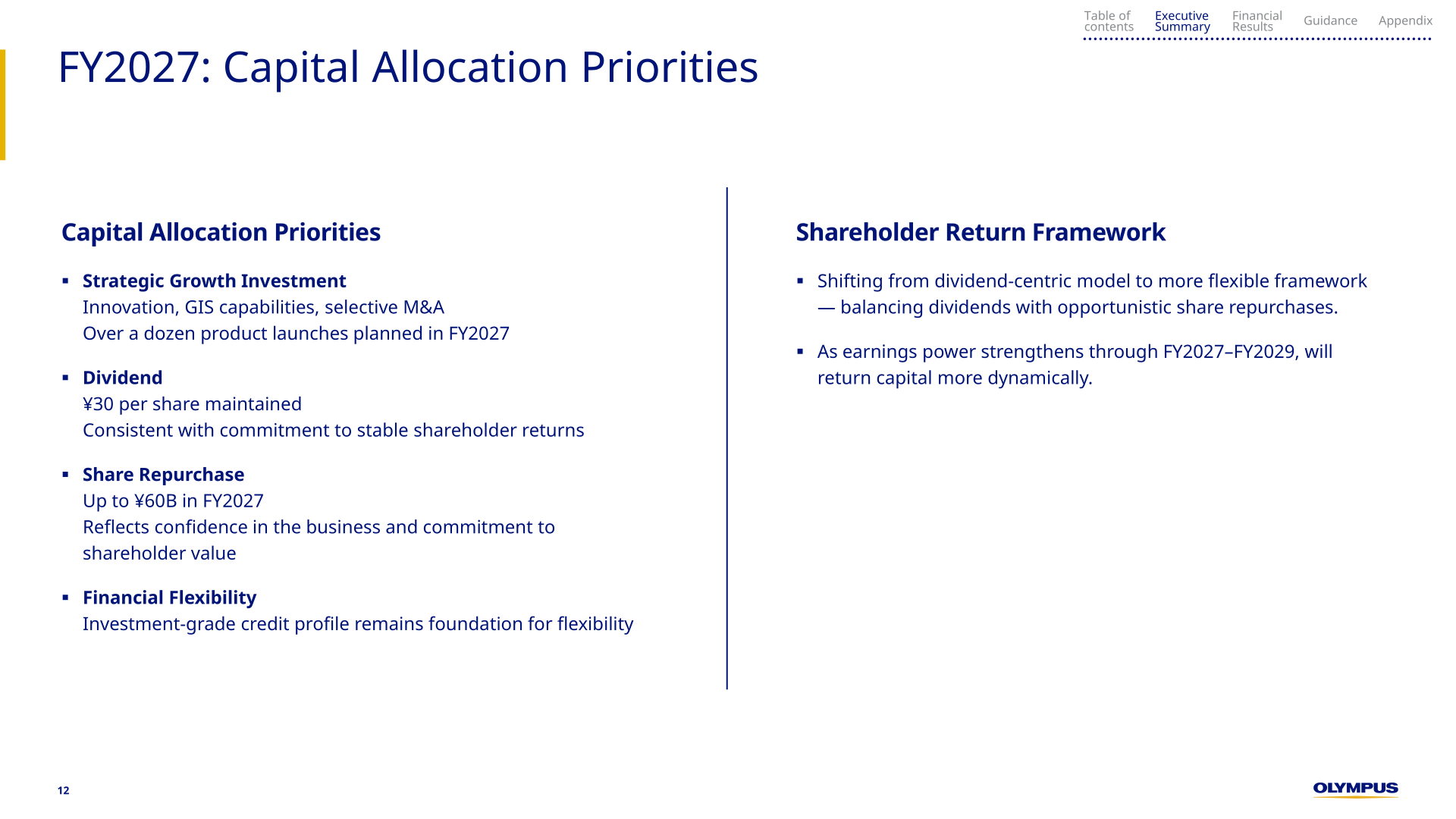Olympus FY2027 capital allocation priorities slide covering strategic growth investment, a maintained dividend of 30 yen per share, share repurchases of up to 60 billion yen and financial flexibility.